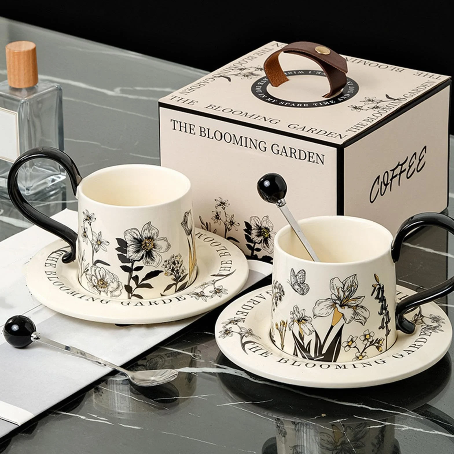 Ceramiczny kubek do kawy 260 ml z podstawkami i łyżeczkami | Ceramiczny kubek do herbaty do kawy lub herbaty do cappuccino mleko czekoladowy sok piwo dom kawiarnia restauracja Anniver
