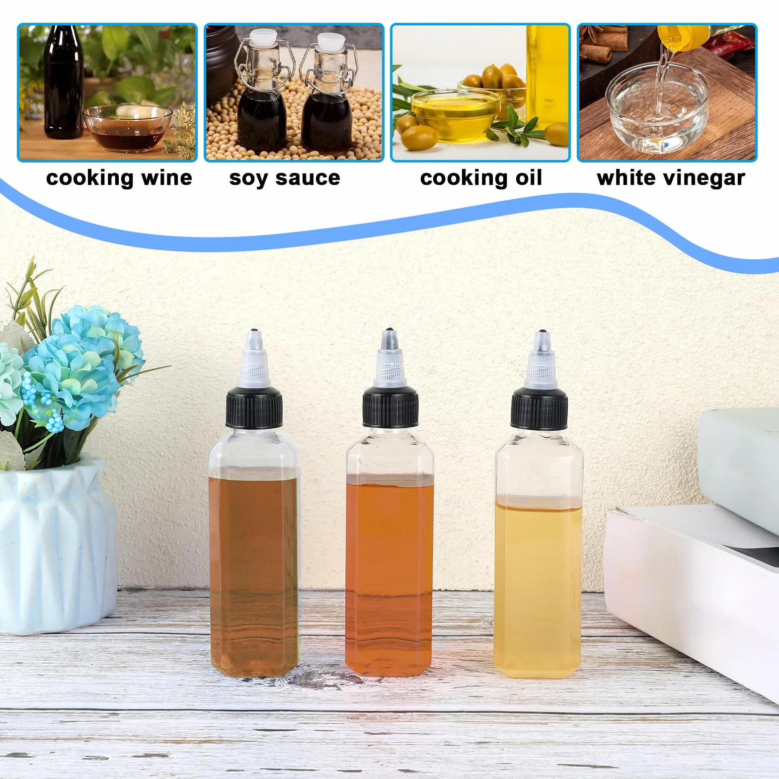 Qianyu 4 butelki do wyciskania, 100 ml, małe butelki z zakrętką, szczelne, na przyprawy płynne, sosy sojowe, ocet, syrop, ketchup, do majsterkowania, kuchni