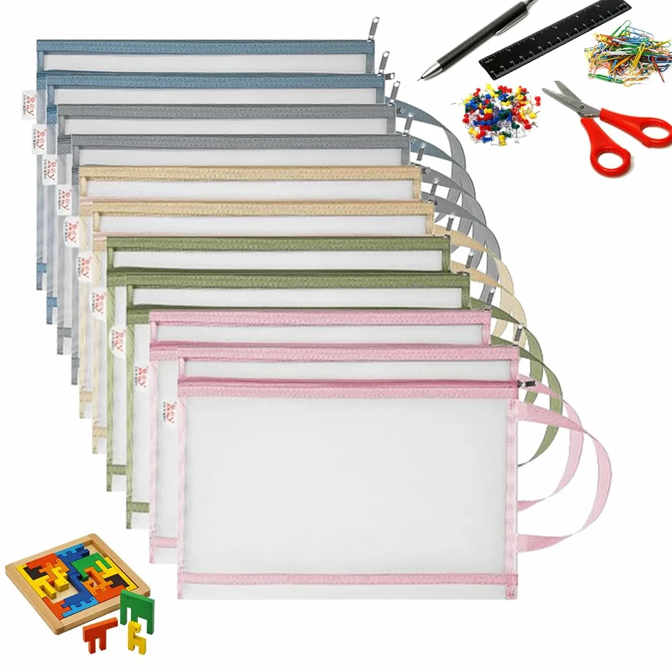 10 sztuk toreb do przechowywania zabawek, siatkowych kieszeni na dokumenty A4, z zamkiem błyskawicznym, podwójna warstwa nylonu i uchwyt, idealne do puzzli Lego, zabawek do kąpieli i klocków
