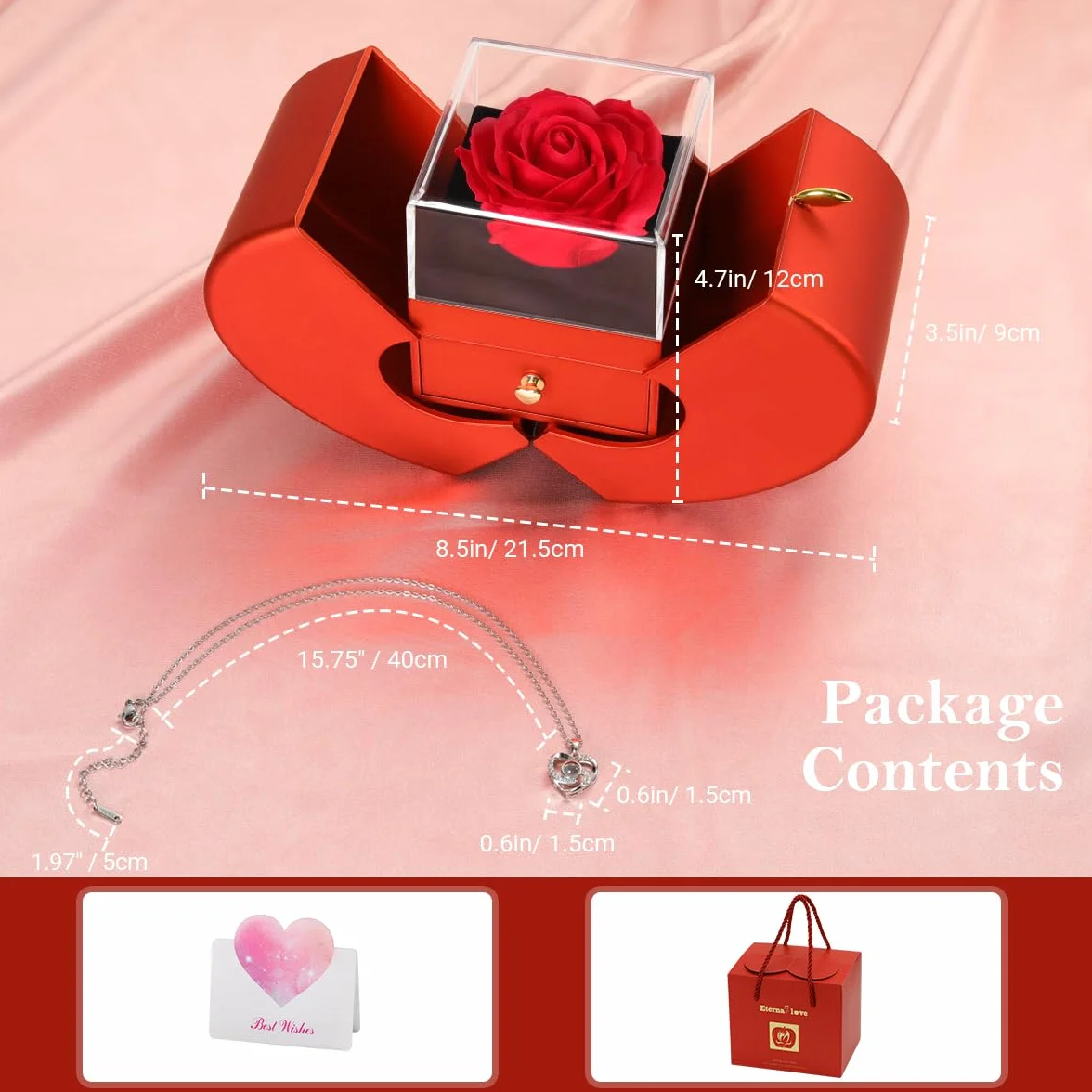 Emibele Mother's Day Preserved Red Rose for Women Mom Grandma, Eternal Flower Rose Box with Heart Necklace I Love You 100 Languages, Gifts for Wife Girlfriend Her on Valentines Birthday Anniversary