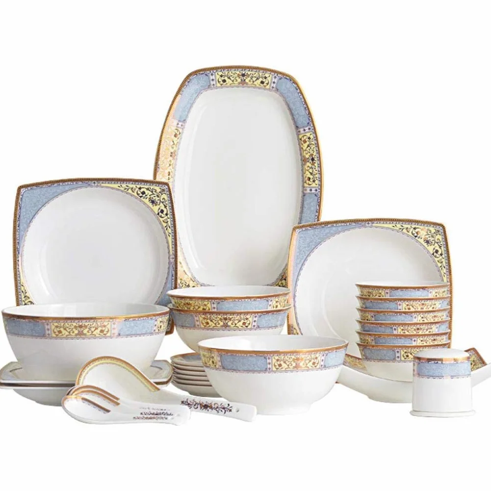 Zestaw obiadowy, 40-częściowy zestaw porcelanowych zastaw stołowych dla 6 osób. Kunszt z polerowaniem i kombinacją zastawy stołowej ze wzorem Phnom Penh