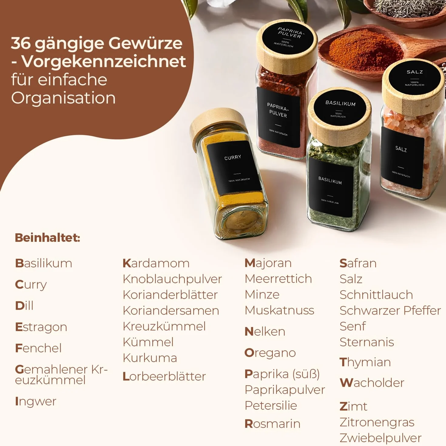 ComSaf pojemniki na przyprawy do kuchni 120 ml zestaw 24 sztuki, szklane słoiczki na przyprawy dla rodzin i osób często gotujących, odpowiednie do szuflad i szafek dla codziennego porządku
