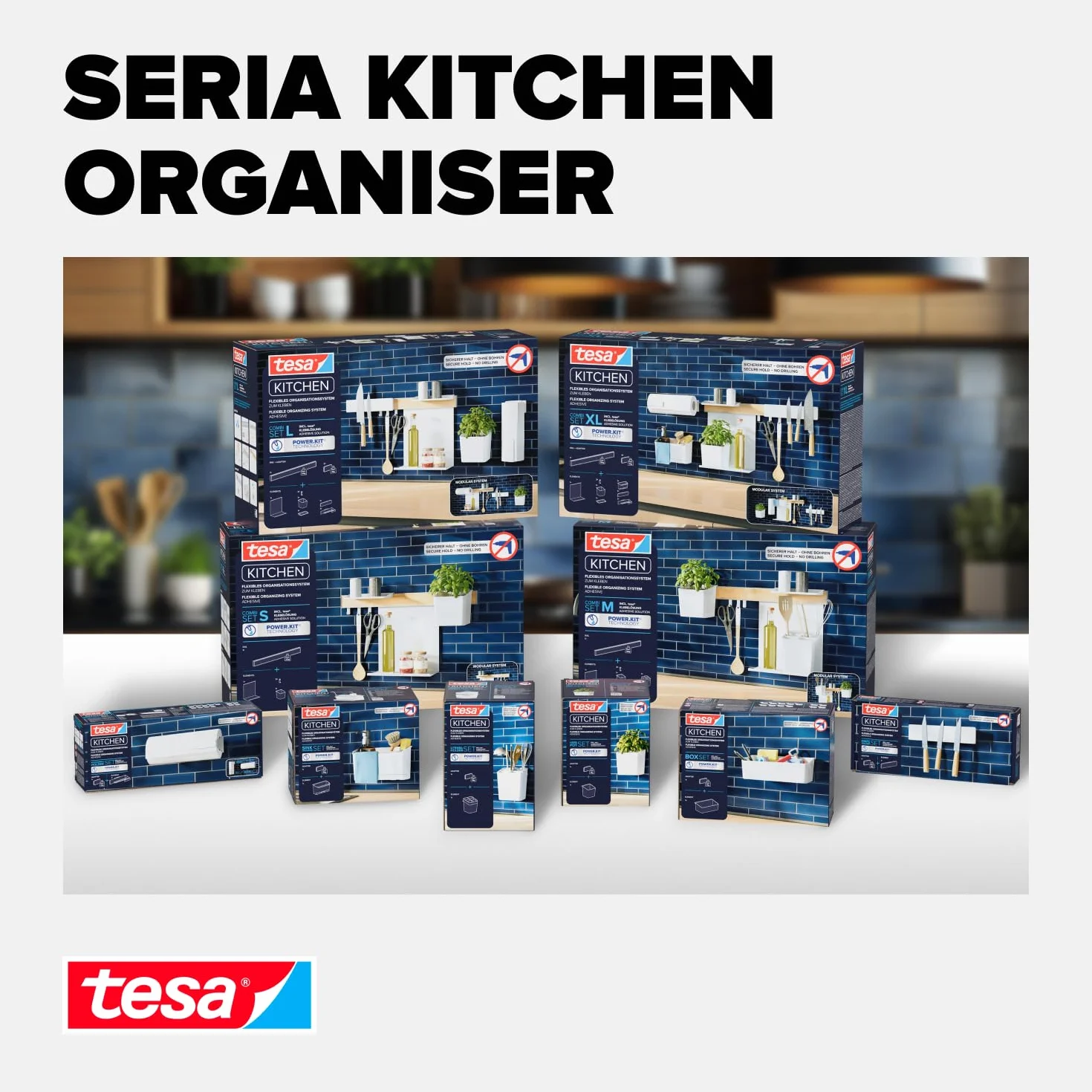 tesa Organizer Kuchenny Combi Set L - samoprzylepny reling kuchenny, doniczka na zioła, 2 półki, uchwyt na noże, uchwyt na rolki kuchenne, szyna z 3 haczykami - montaż bez wiercenia - bambus/biały