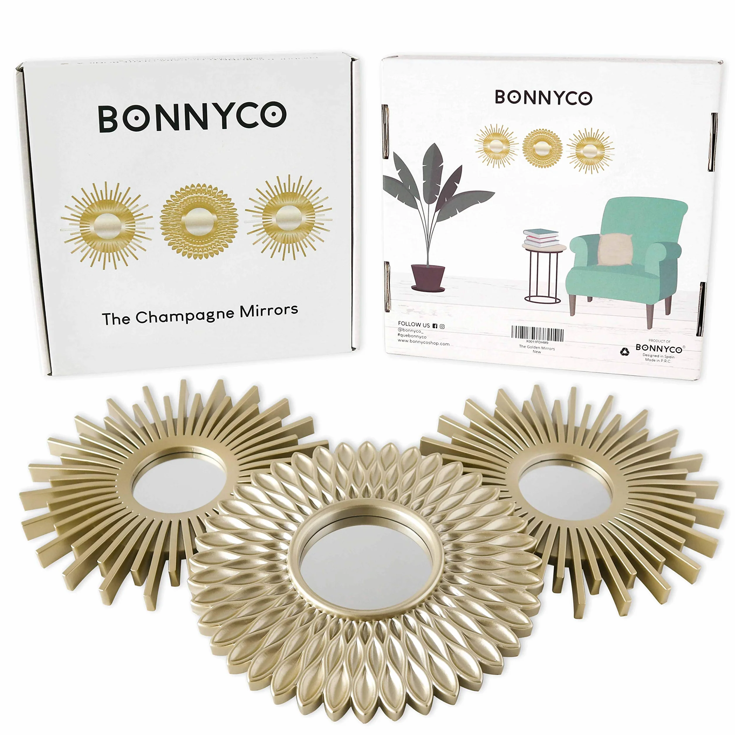 BONNYCO Lustra Ścienne Pakiet 3. Lustro Ścienne Zlote do Salonu i Wystroju Domu. Lustra Okrągłe Wiszące Dekoracja. Piękna Dekoracja Wnętrz, Prezenty Urodzinowe dla Kobiet i Mam