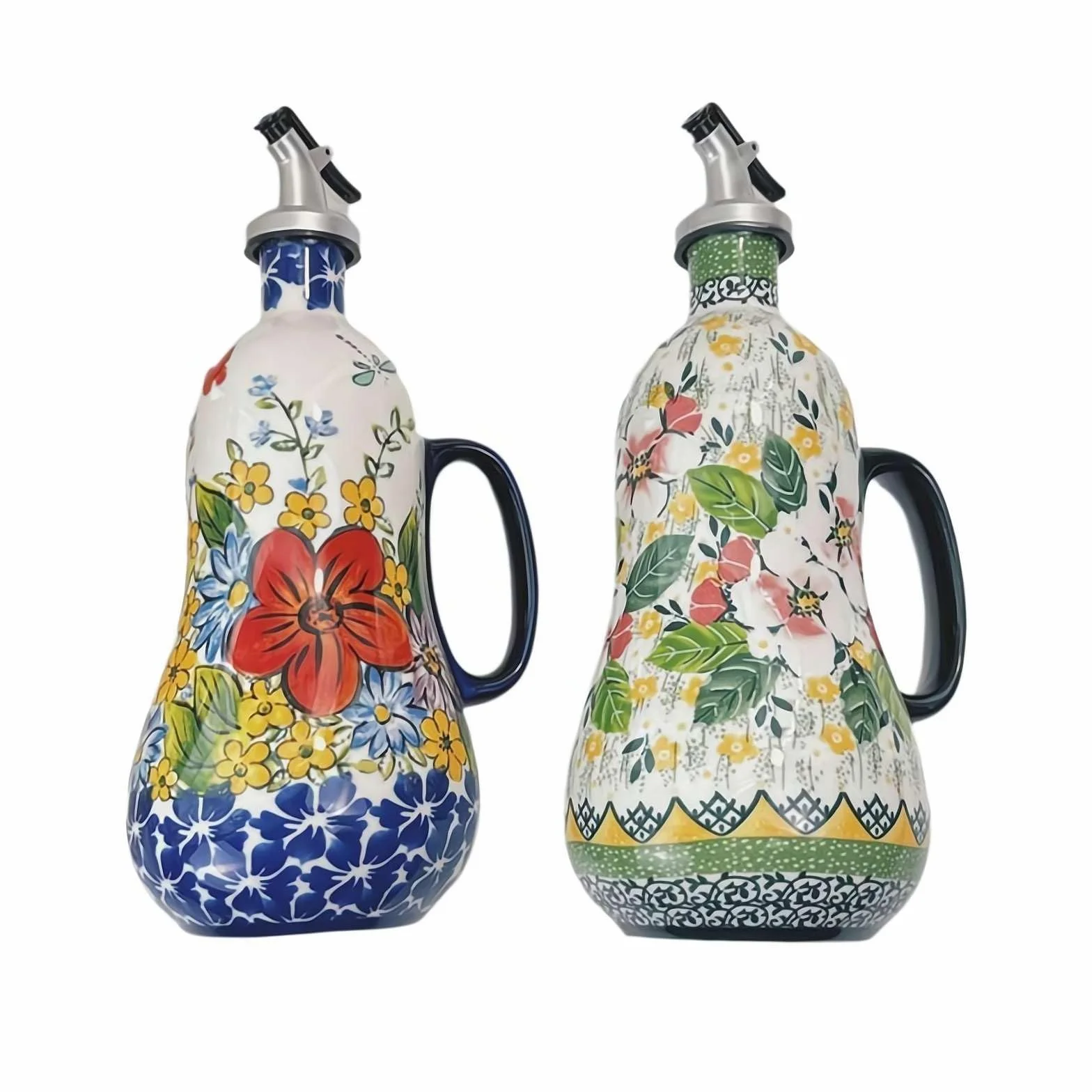 Ceramiczna butelka z dozownikiem oliwy z oliwek, 700 ml, ręcznie malowana, kamionka, z wylewką ze stali nierdzewnej, na olej i ocet, dekoracyjny nalewacz do oleju kuchennego