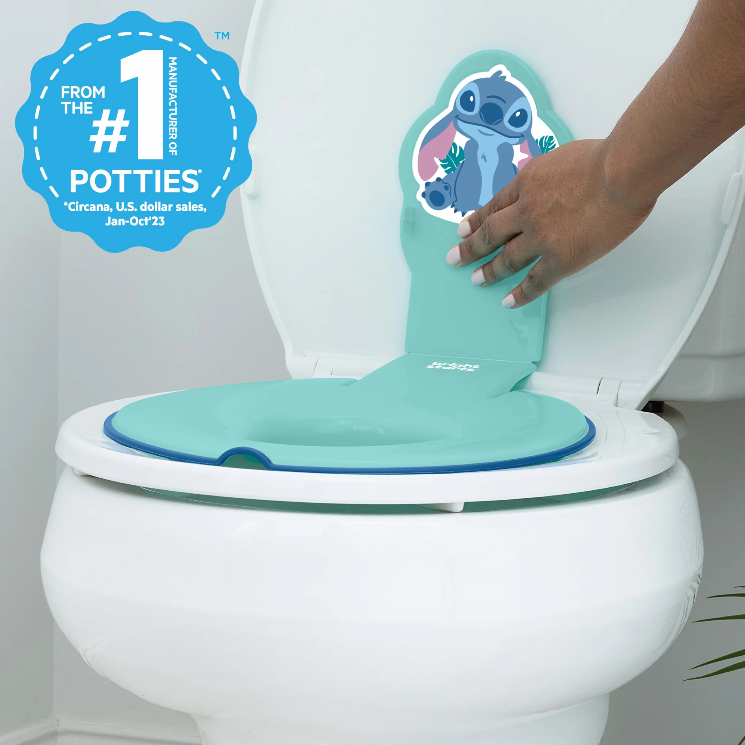 Bright Starts Disney Baby Stitch Flip & Sit Nocnik, bezpiecznie mocuje się do toalety, oszczędzający miejsce design pasuje do większości toalet, łatwy do czyszczenia