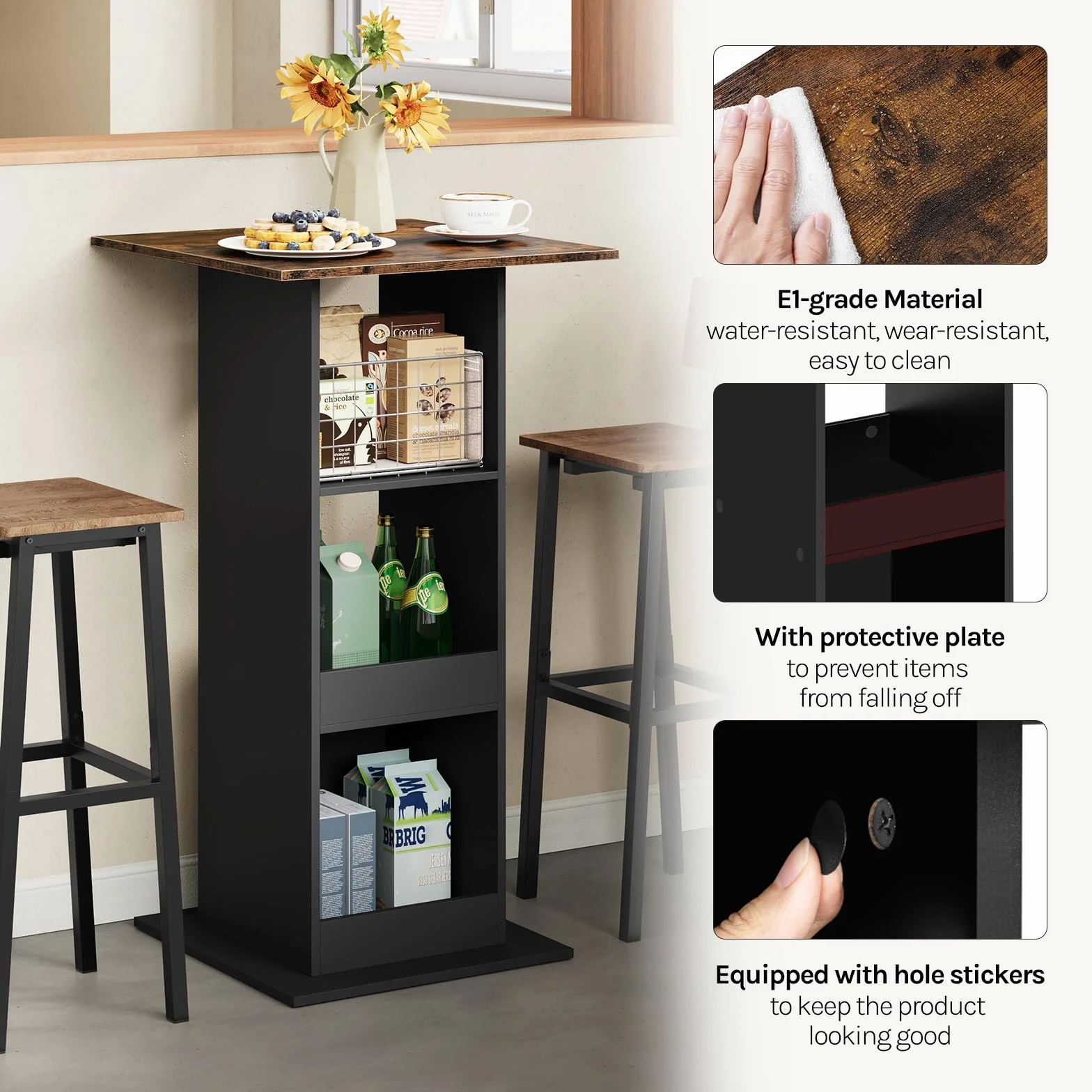 Stolik barowy bistro kwadratowy z 3 półkami wysokość 112 cm czarny rustykalny