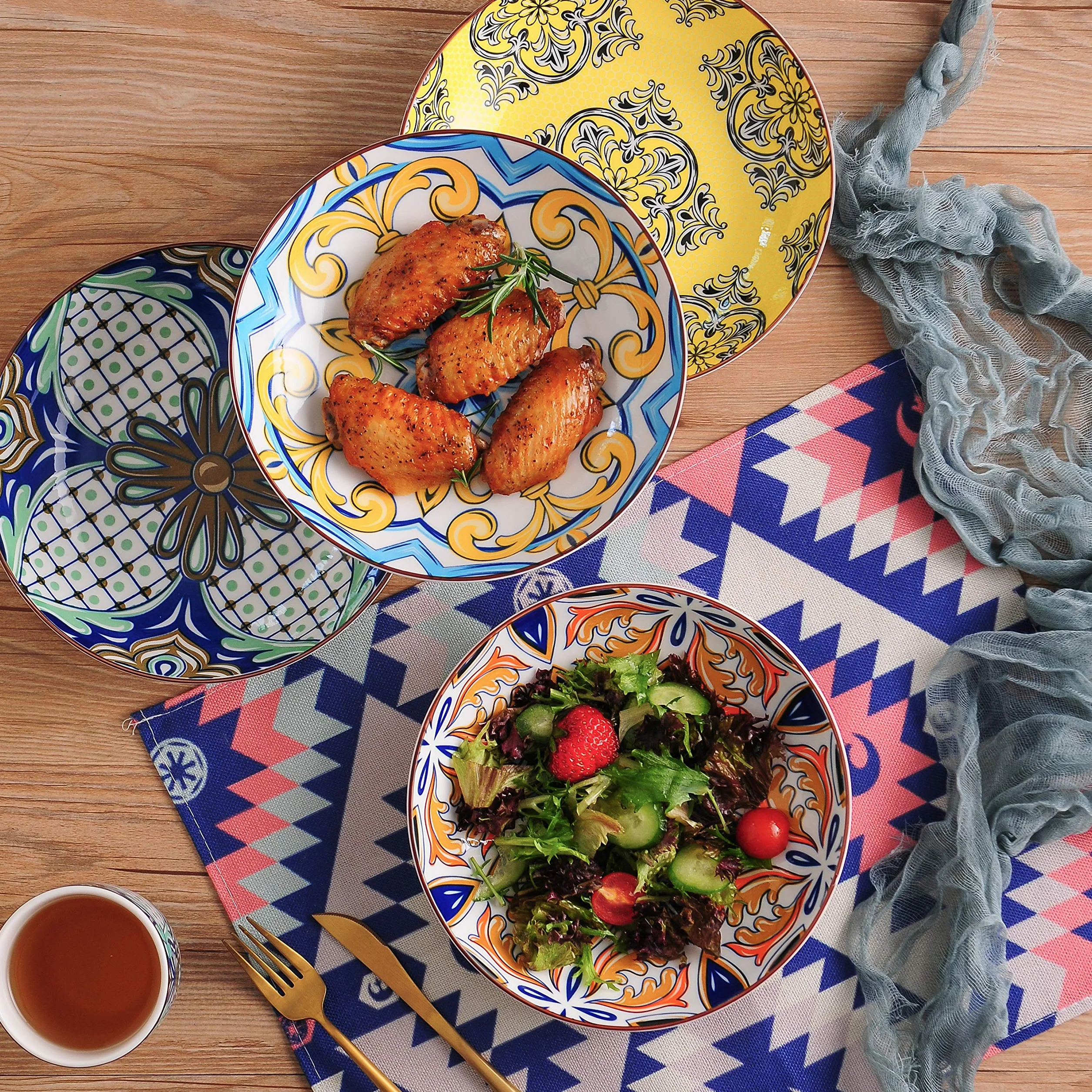 Vancasso Jasmin Zestaw Porcelanowych Misek do Makaronu i Zupy, 920 ml, Układane w Stos, Odporne na Odpryski i Pękanie, 4 Talerze, Styl Marokański