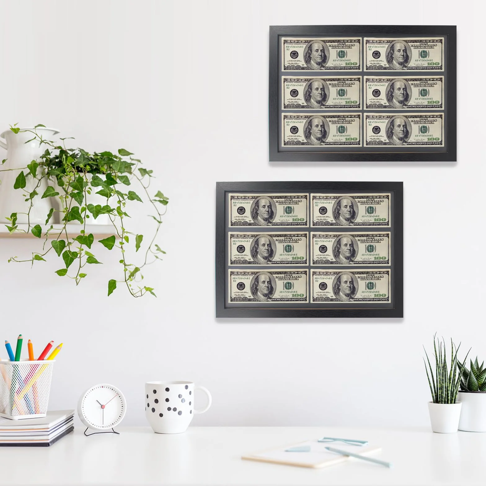 2-częściowy zestaw drewnianych ramek na banknoty dolara (41 x 29,5 cm) – ramka na wiele obrazów do montażu na ścianie lub ze stojakiem stołowym, kolor czarny