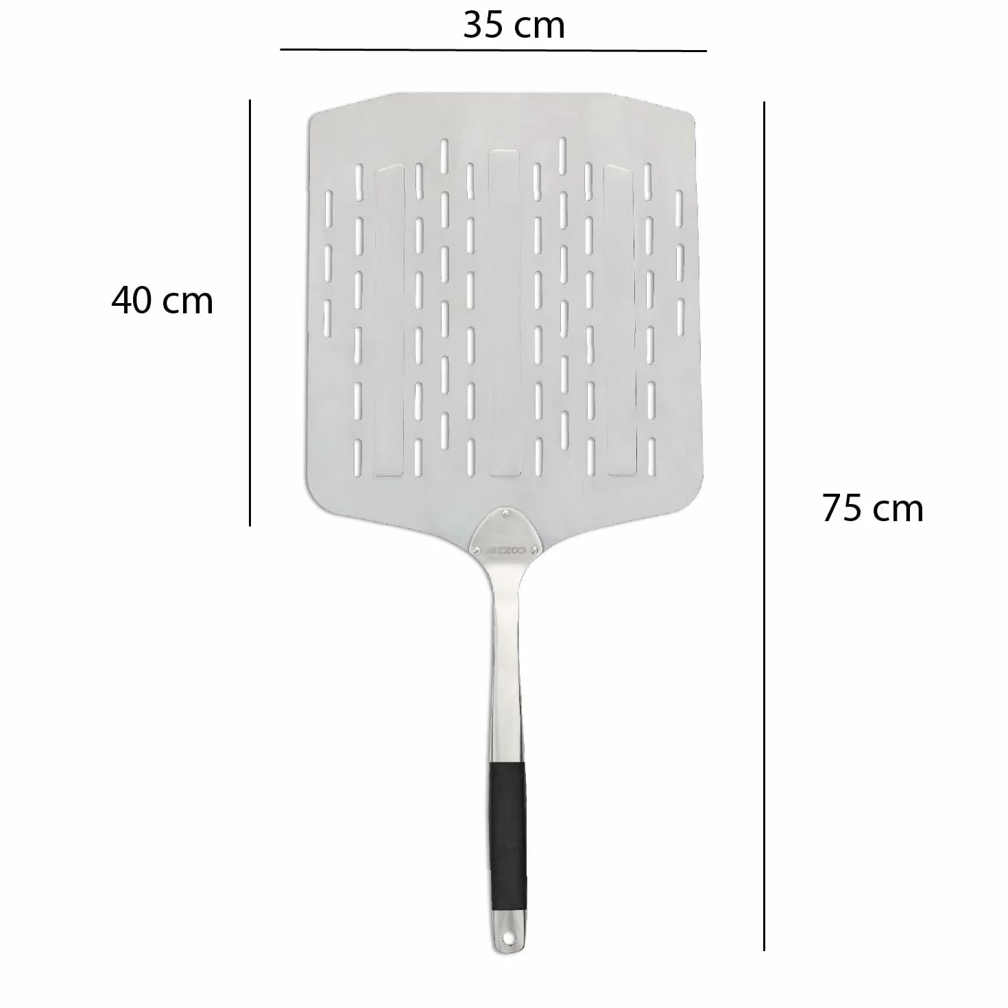 Cozze® lekka perforowana łopatka do pizzy 76 cm – 35x40 cm – aluminiowe ostrze 1,5 mm – uchwyt softgrip (stal nierdzewna/tworzywo) – mniej przypalonej mąki – skórzana pętelka – certyfikat LFGB