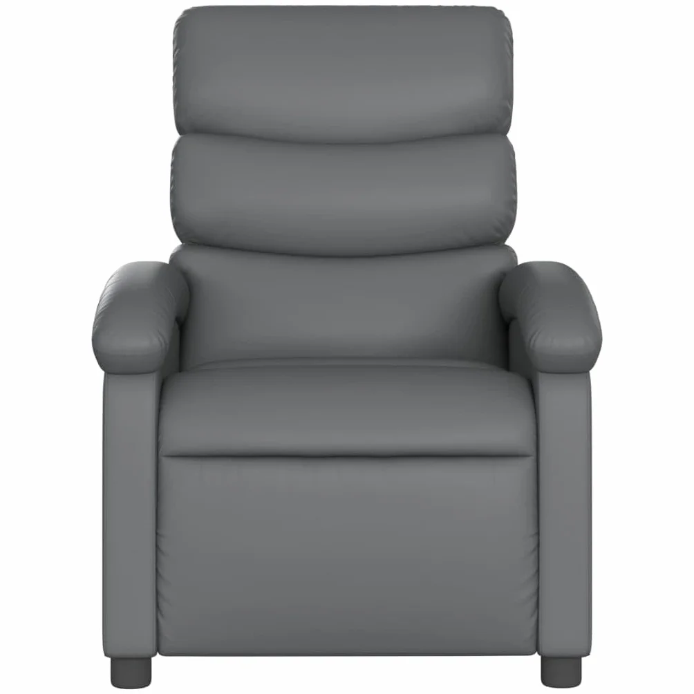Fotel relaksacyjny, szary, sztuczna skóra z ręczną funkcją leżenia, stabilna rama metalowa, szerokie podłokietniki, kieszeń boczna i ergonomiczny komfort do salonu, biura i kącika do czytania