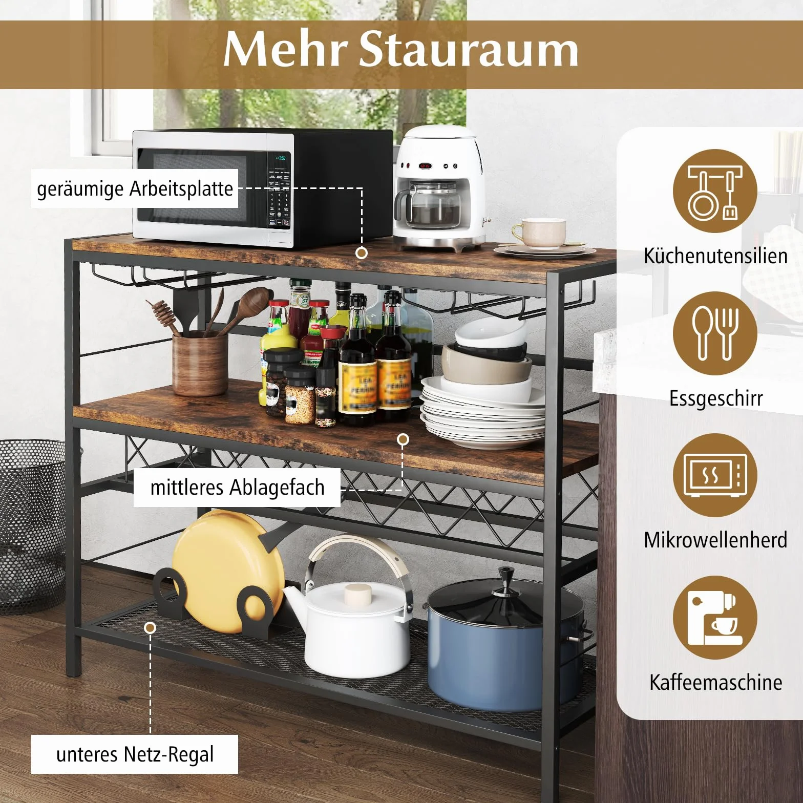 COSTWAY Domowy bar, szafka z 4 rzędami uchwytów na szklanki i regał na 7 butelek wina, regał kuchenny, 4 poziomy, metalowa rama, do kuchni, salonu, rustykalny brąz
