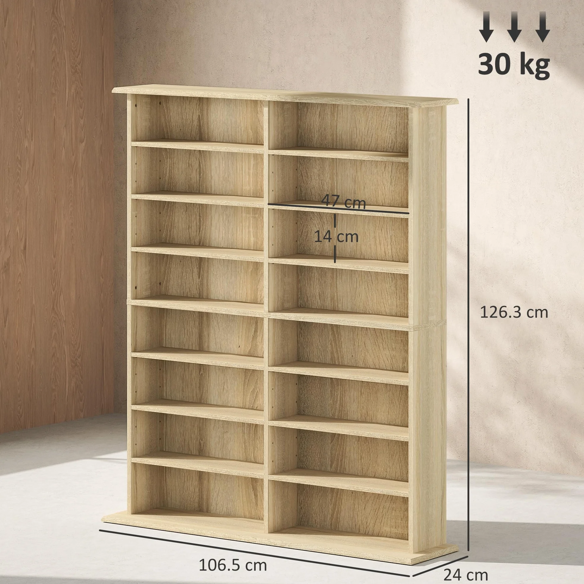 HOMCOM 720 CD/396 DVD, regał do przechowywania multimediów Blu-ray 396 z 16 przegródkami i 12 regulowanymi półkami, wieża CD do salonu, sypialni, biura, wykończenie z naturalnego drewna