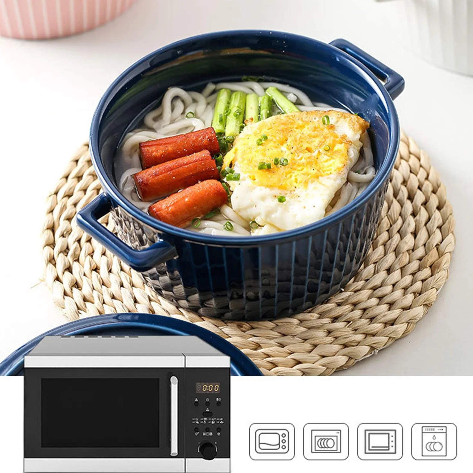 Ceramiczna miska do zupy ramen z pokrywką uchwytu, nordycki styl lunch warzywa makaron pudełko na płatki kuchnia śniadanie ryż miska sałatkowa do mikrofalówki piknik biuro szkoła, niebieska