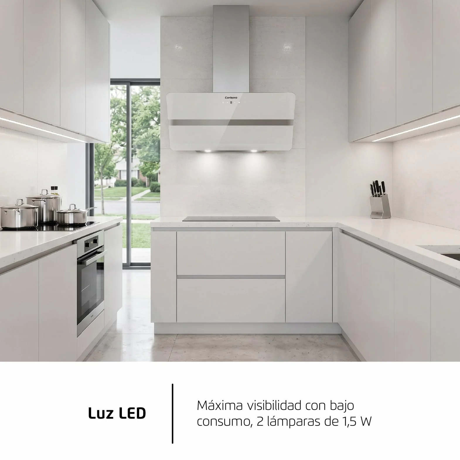 Corberó VicTORIA960W Dekoracyjny Dzwonek, 90 cm, 165 W, 3 prędkości, Control Touch, Przepływ 594,2 m3/h, kolor szkła hartowanego, 1 x filtr aluminiowy, filtr węglowy, energia A