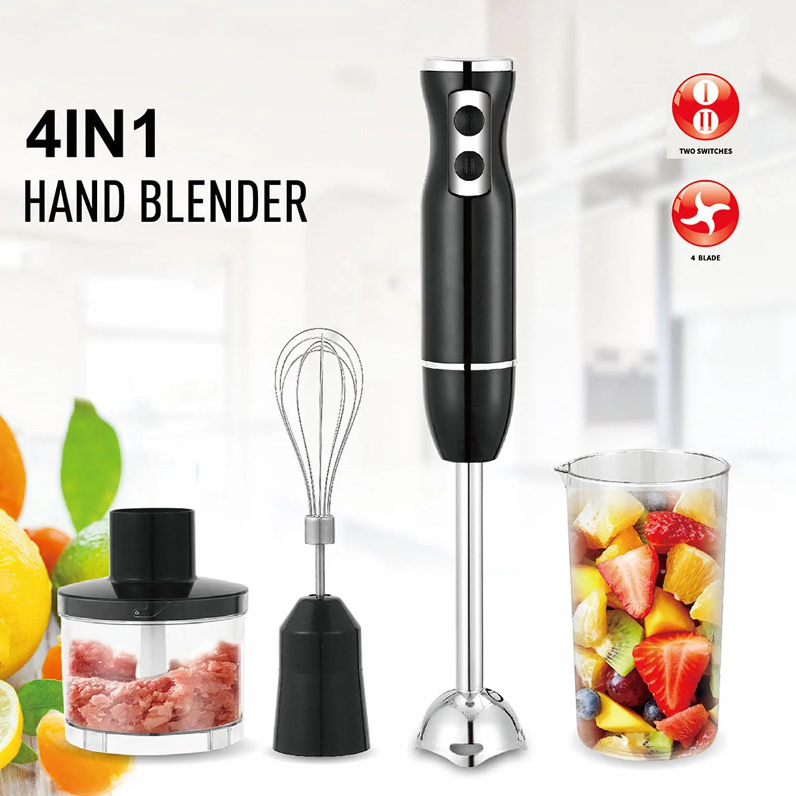 Cocoarm Zestaw Ręcznego Blendera, 400W Mocny Blender Zanurzeniowy ze Stalowym Korpusem i Plastikowymi Kubkami, Zawiera trzepaczkę i Rozdrabniacz do Smoothie, Zup, Sosów (wtyczka UE)