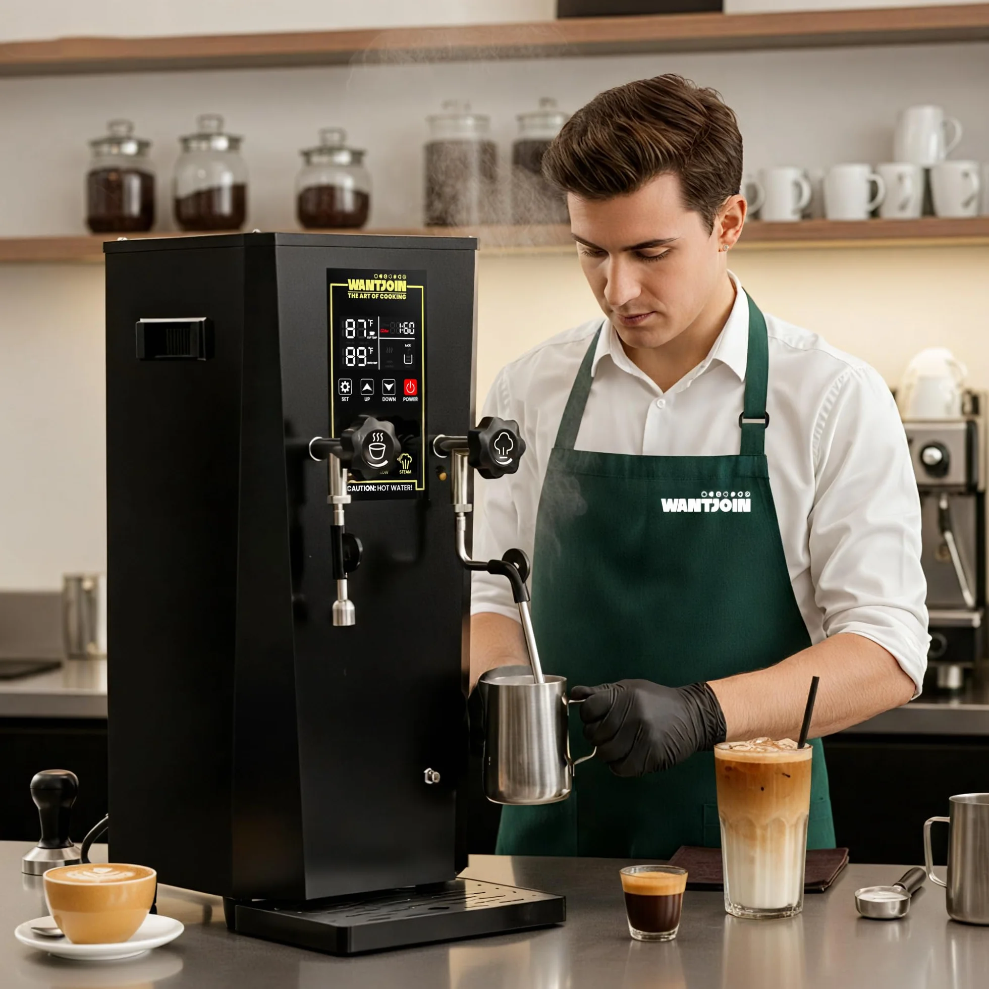 WantJoin - Komercyjny spieniacz do mleka 2000 W i podgrzewacz do napojów, profesjonalny ekspres do mleka z wyświetlaczem LED do mleka, cappuccino, kawy, gorącej czekolady i herbaty