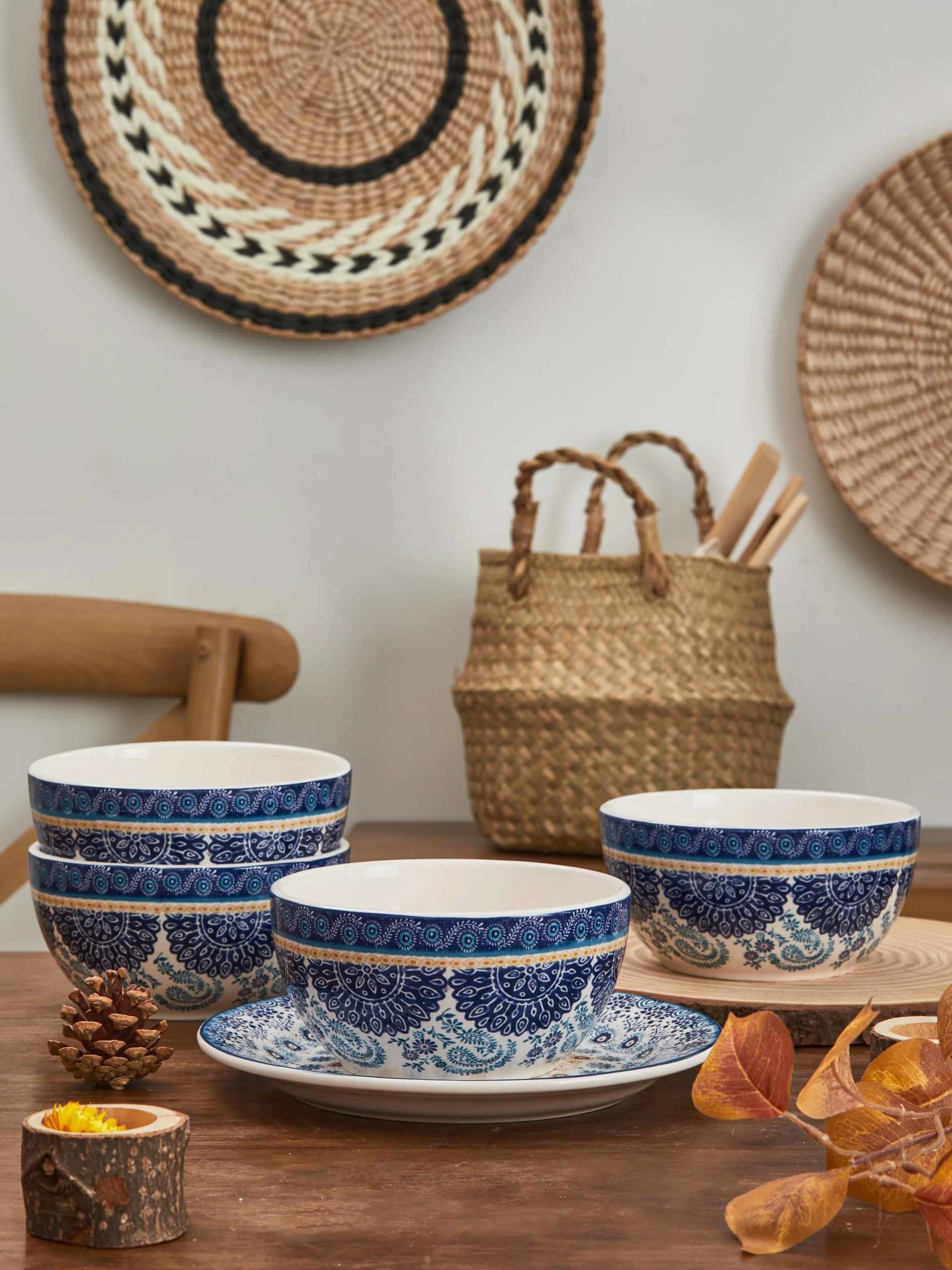 Bico Blue Talavera 765 ml ceramiczne miski na musli, zestaw 4 sztuk, do makaronu, sałatki, płatków śniadaniowych, zupy i kuchenki mikrofalowej i zmywarki