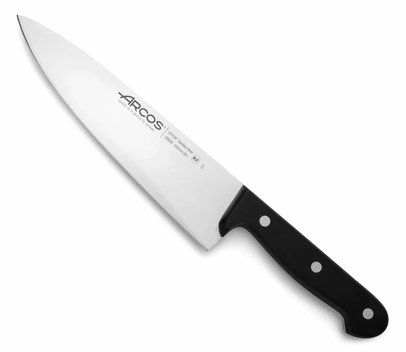 Arcos Seria Universal – nóż szefa kuchni – ostrze ze stali nierdzewnej nitrowej 200 mm – uchwyt ręczny polioksymetylen (POM) kolor czarny, 25 x 5 x 5 cm
