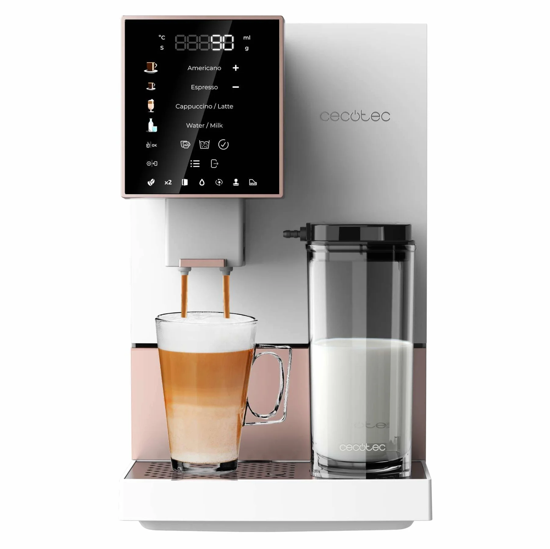 Cecotec Cremmaet Compactccino White Rose, Superautomatyczny ekspres do kawy, 19 barów, system Thermoblock, świeżo zmielone ziarno z Plug&Play, Zbiornik 150 g kawy z młynkiem, 1,1 l wody, 400ml mleka