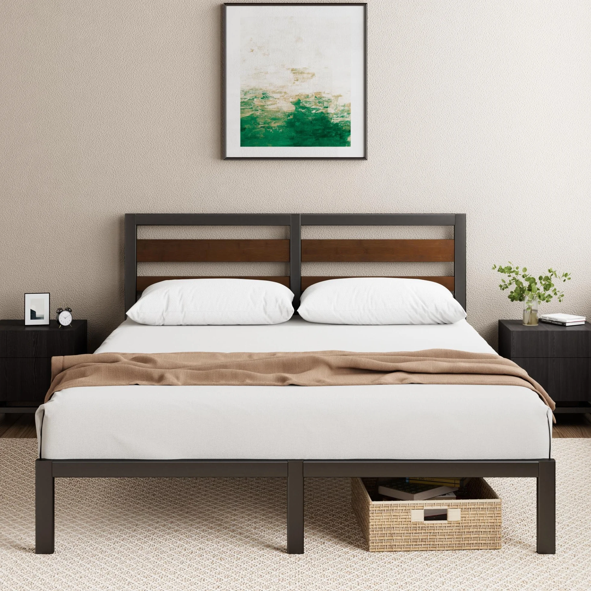 Zinus Kai Rama łóżka 140 x 200 cm z bambusowym zagłówkiem – metalowe łóżko 140 x 200 cm z metalowym stelażem pod materacem – platforma o wysokości 80 cm z wolną przestrzenią pod spodem – nie wymaga