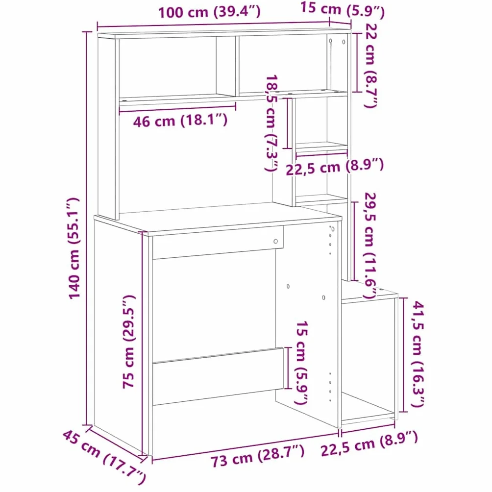 Hothingwell Biurko z półkami szare betonowe 100x45x140 cm drewno inżynieryjne | Odporna na wilgoć gładka powierzchnia, podwyższone i dolne otwarte półki, uniwersalne przechowywanie na biurko lub