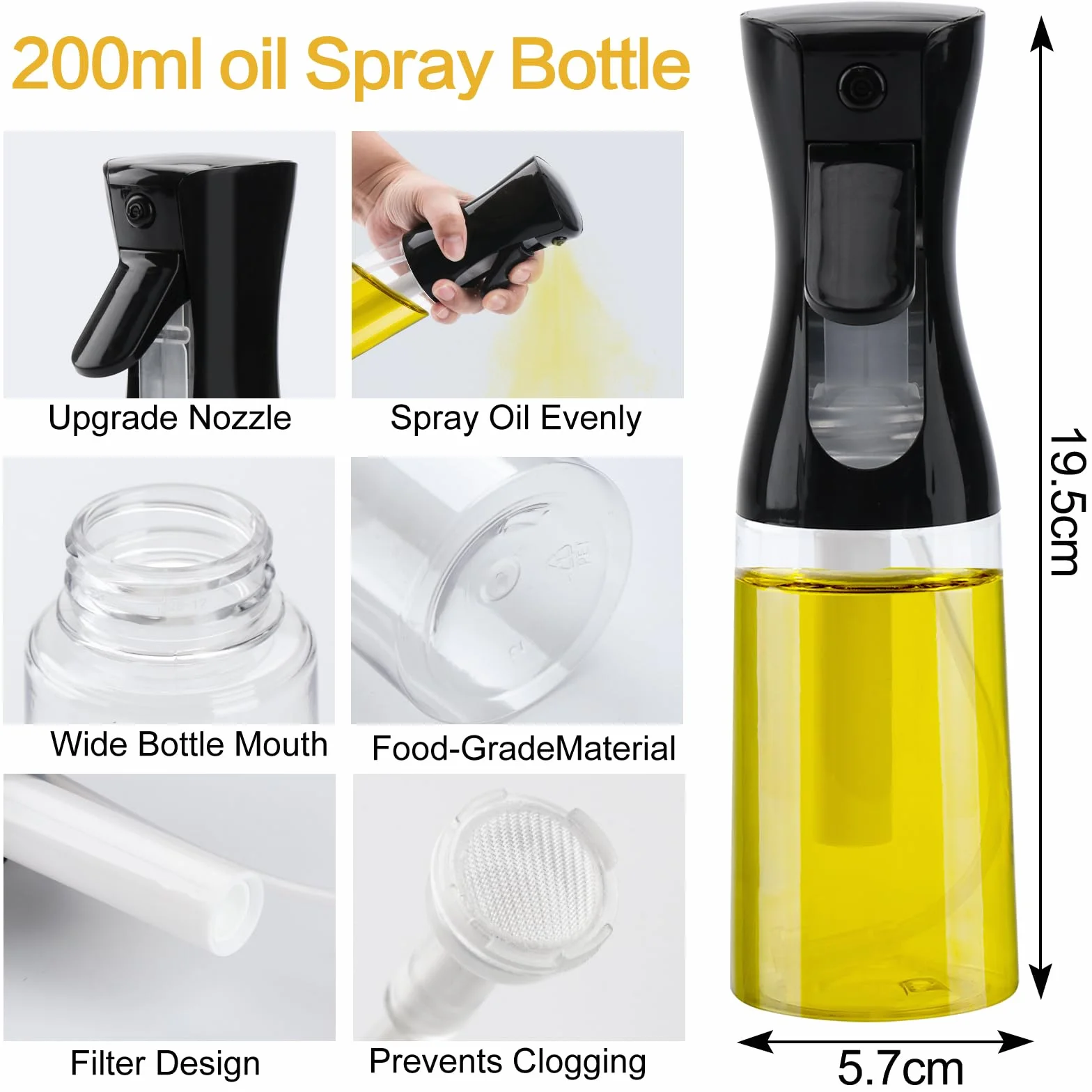 Opryskiwacz do oleju spożywczego, szklany, butelka z rozpylaczem 200 ml, rozpylacz oleju do kuchni, grillowania, sałaty, BBQ, frytkownicy na gorące powietrze, pieczenia, 2 sztuki (czarny + biały)