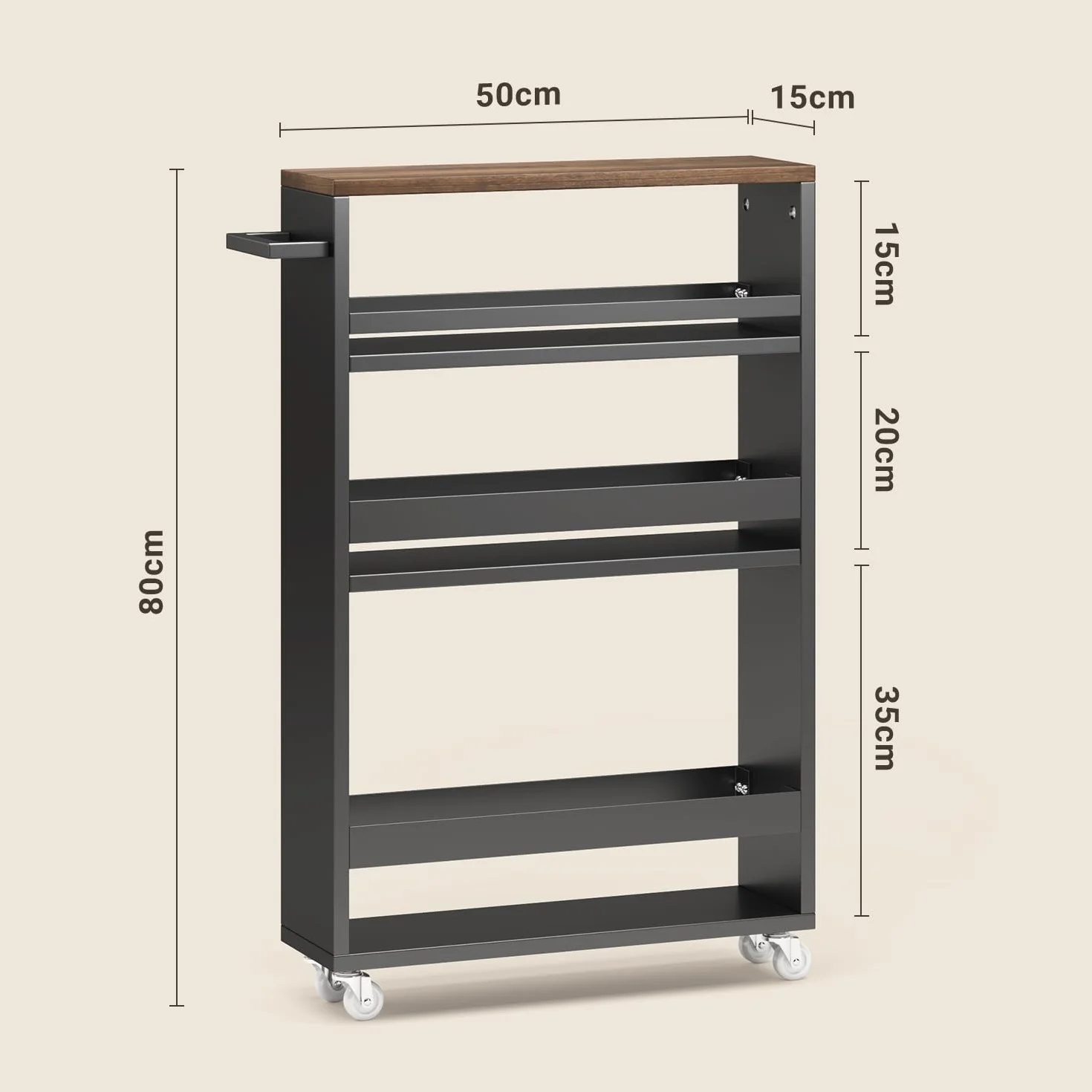 Xbro 3-poziomowy regał wnękowy, minimalistyczny z rustykalnym, 4 półki, szerokość 15 cm, przenośny, nie zajmuje dużo miejsca, 50 x 15 x 80 cm, czarny