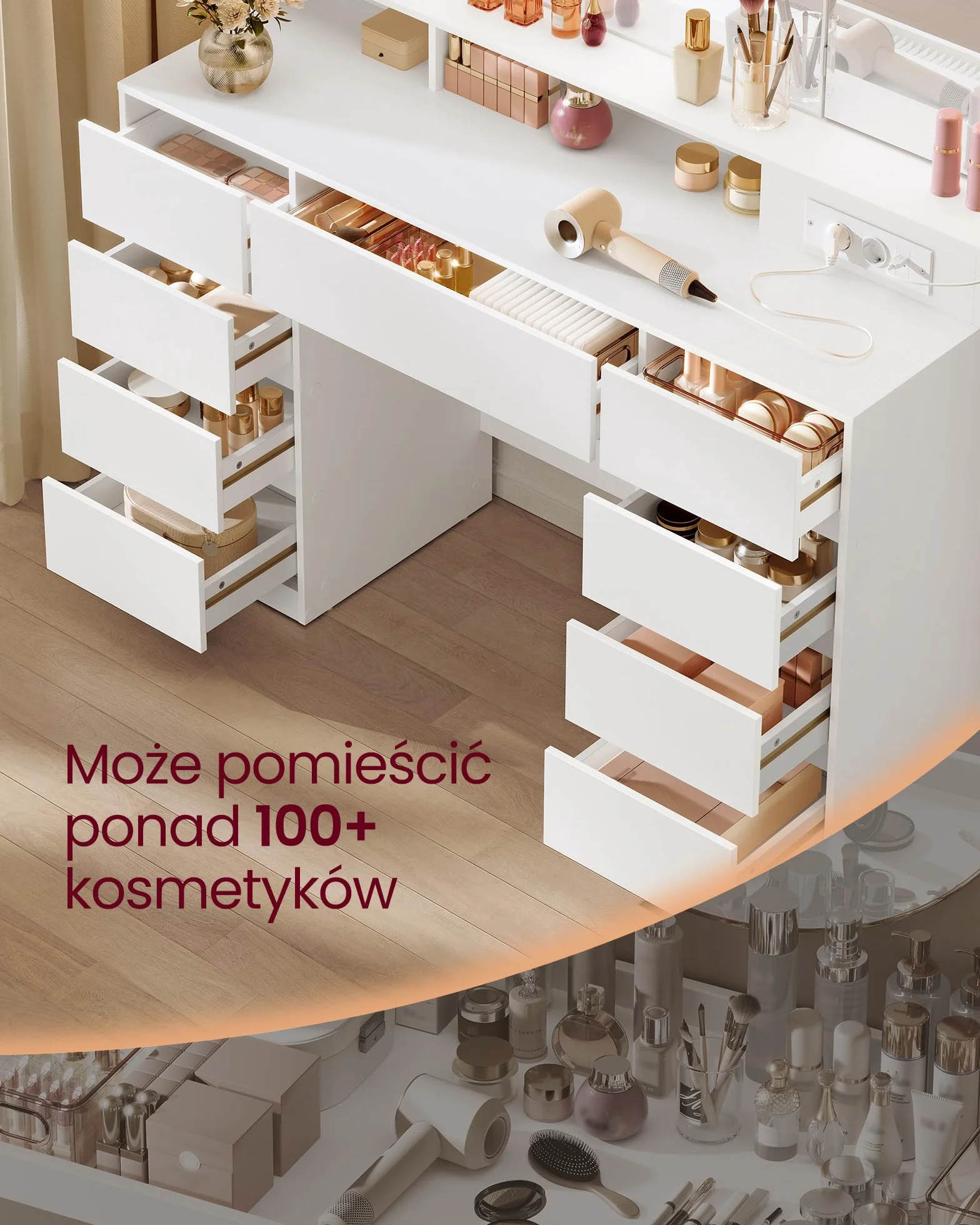 VASAGLE Duża toaletka z lustrem i gniazdkiem, regulowane oświetlenie LED, stół do makijażu z 9 szufladami nowoczesna toaletka, biała RDT146WB01