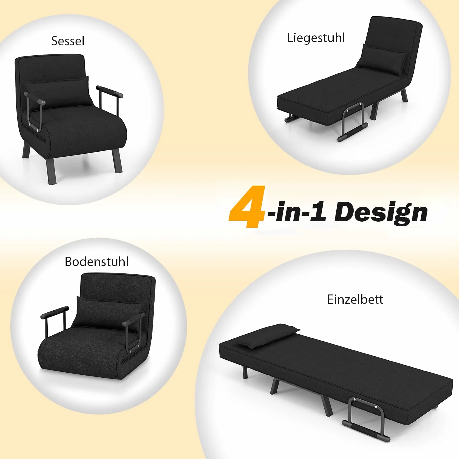 GOPLUS 4 w 1 fotel do spania z funkcją łóżka, sofa do spania z 6-stopniową regulacją oparcia i zdejmowanym poduszkiem, fotel relaksacyjny, rozkładana sofa do łóżka, składany do domu i biura (czarny)