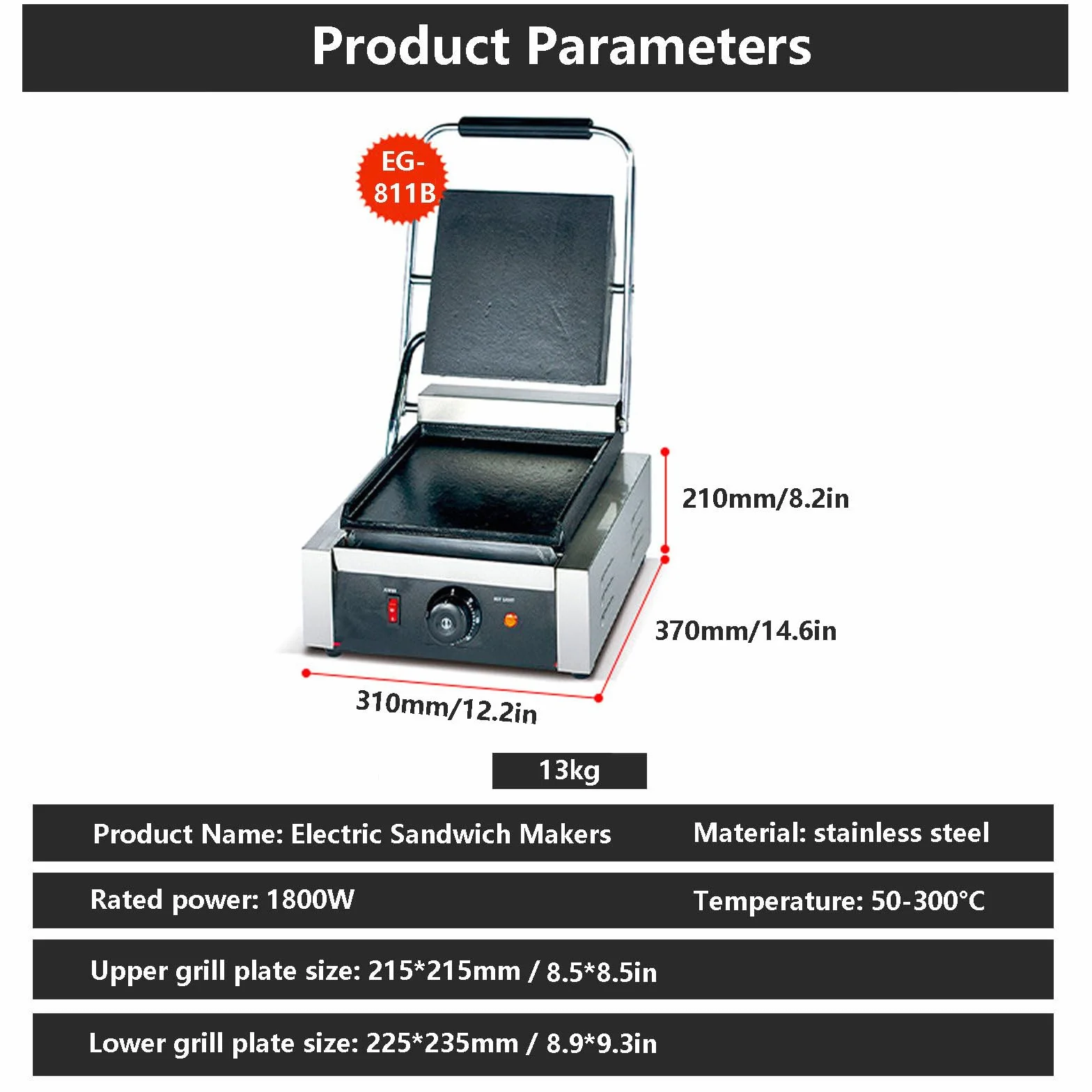 Elektryczny Grill Do Kanapek + 9 Przyborów Kuchennych, Komercyjny Głęboki Toster Do Kanapek Z Gładkim Grillem, Elektryczna Patelnia Do Kanapek Ze Stali Nierdzewnej 1800 W / 2200 W,1800W