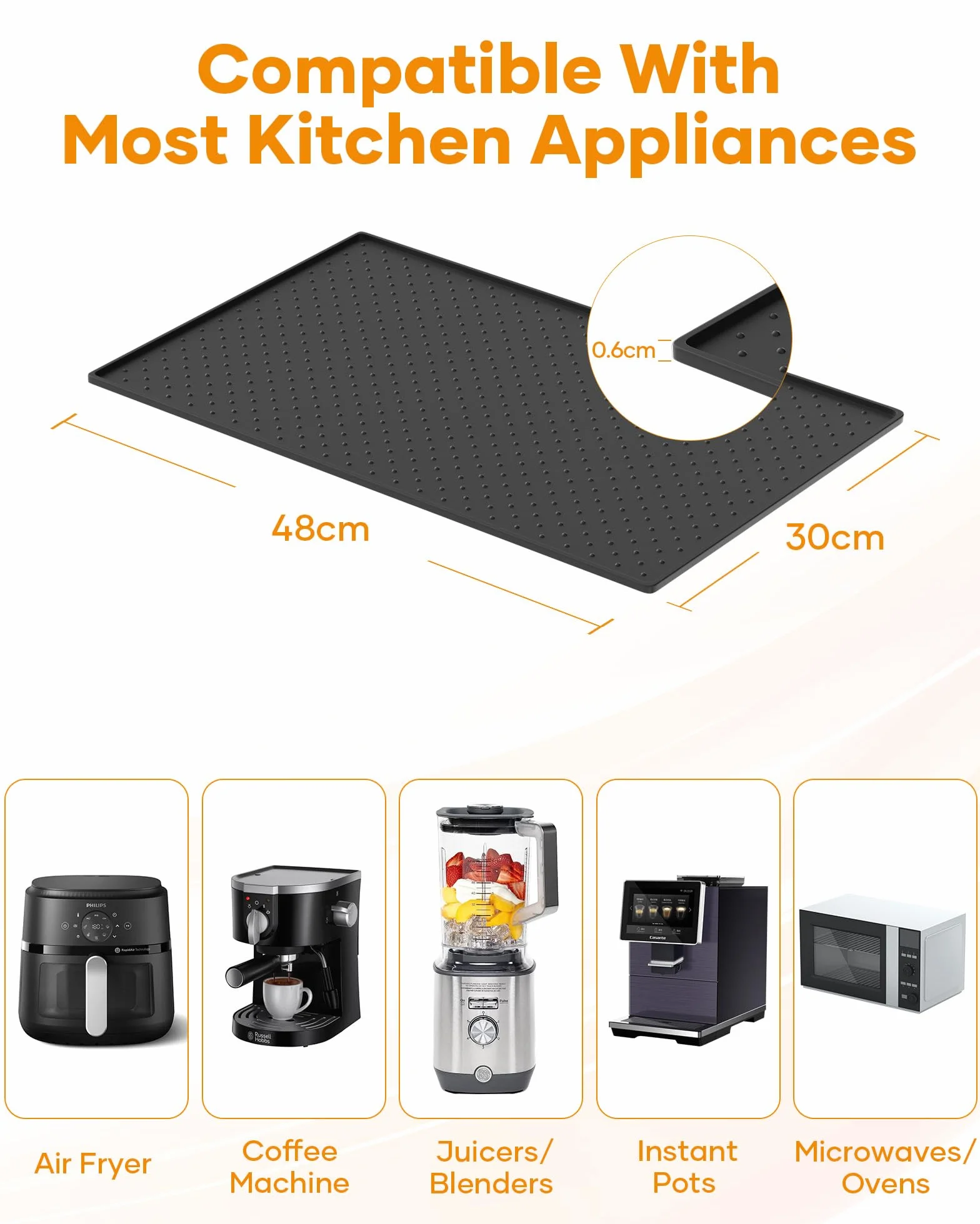 Podkładka pod ekspres do kawy, 48 x 30 cm, silikonowa mata do ekspresu do kawy, odporna na wysokie temperatury, mata silikonowa do De Longhi Magnifica Philips LatteGo Ninja Airfryer