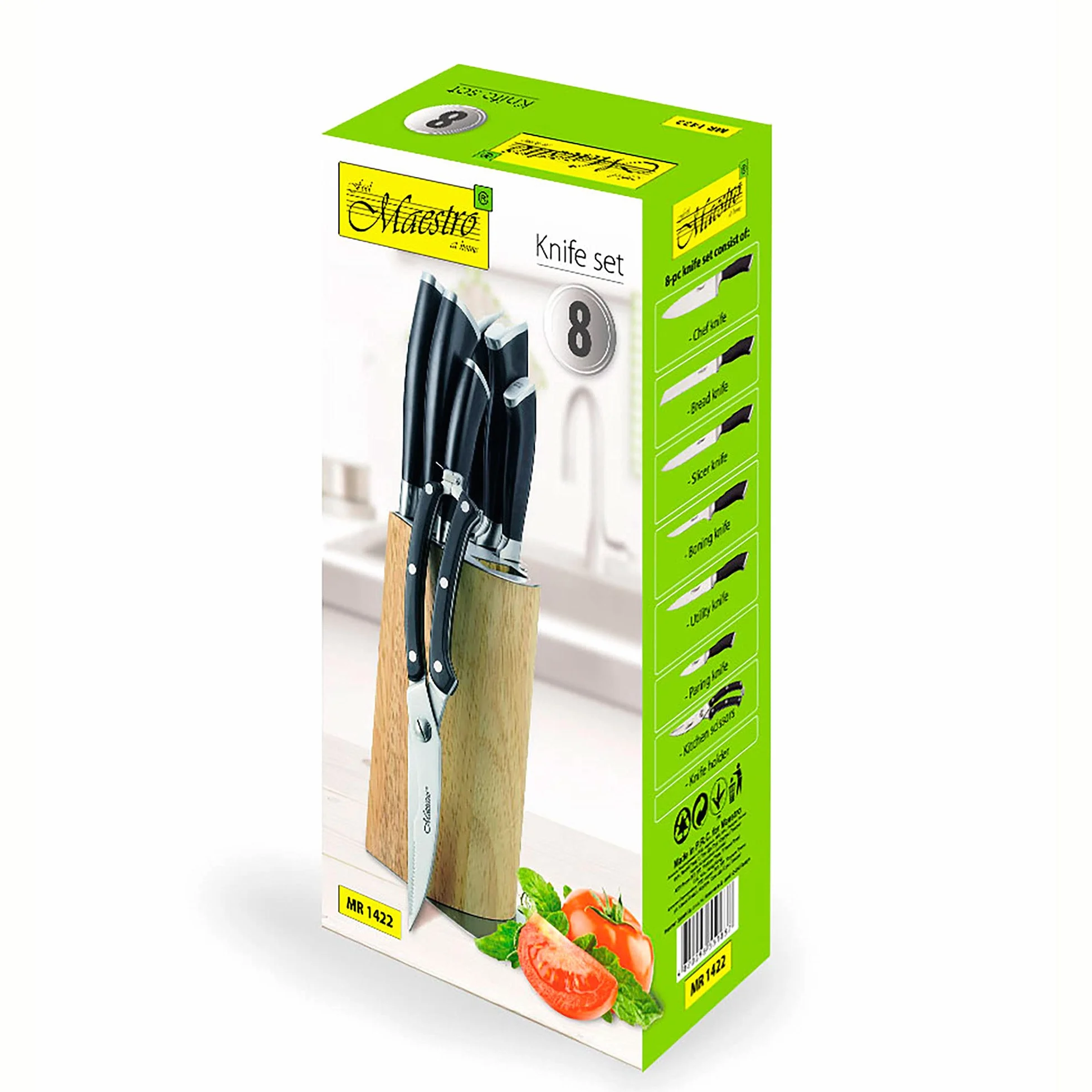 Maestro MR-1422 profesjonalny blok noży kuchennych, 8 sztuk, nowoczesny design, 6 noży ze stali nierdzewnej, ergonomiczne uchwyty, nożyczki