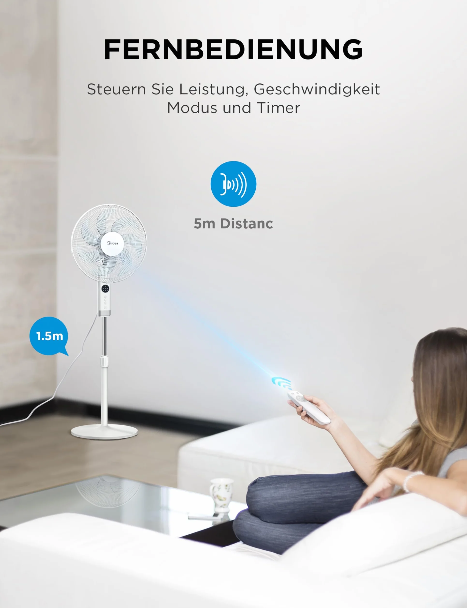 Midea MFS400R0APW 50W cichy wentylator podłogowy, 3 regulowane prędkości, 7 bionicznych łopatek, oscylacja 90°, timer 7H z pilotem zdalnego sterowania, wyświetlacz LED, mocny silnik AC, biały