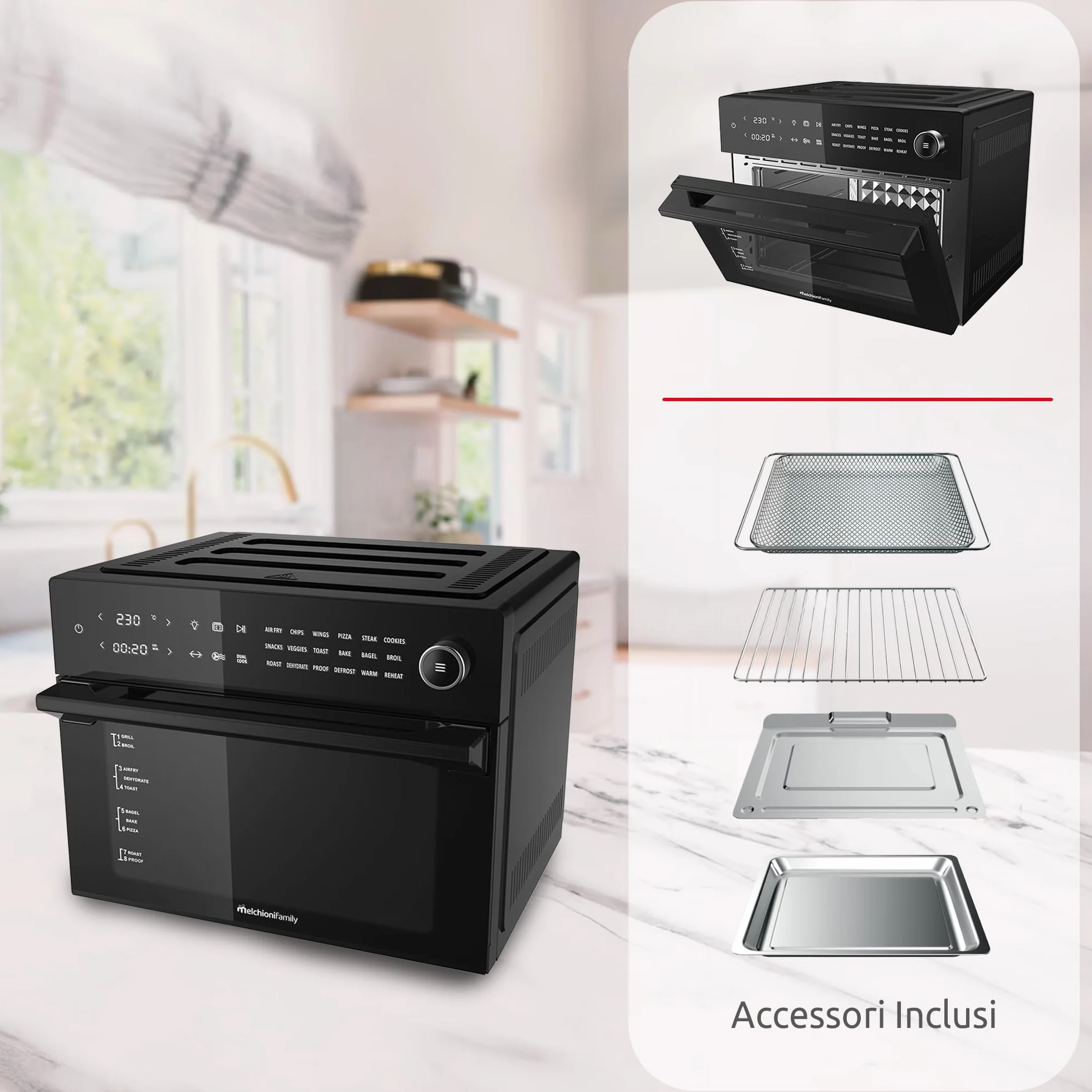Melchioni Family BENEDETTA frytkownica powietrzna o pojemności 30 litrów, wyświetlacz cyfrowy, funkcja Dual Cook, Air Fryer z 18 programami, 30-230°, 12 h, czarny
