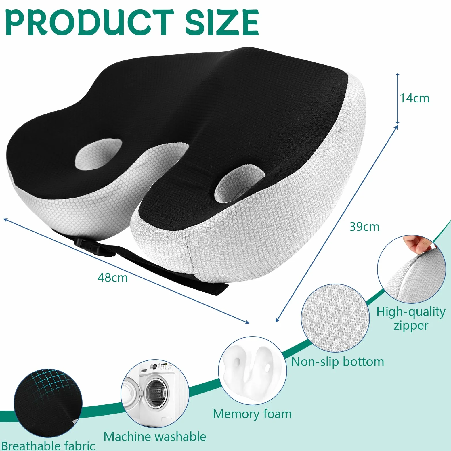 Ergonomiczna Poduszka Biurowa Memory Foam Coccyx, Regulowana Szerokość Siedziska, Czarna