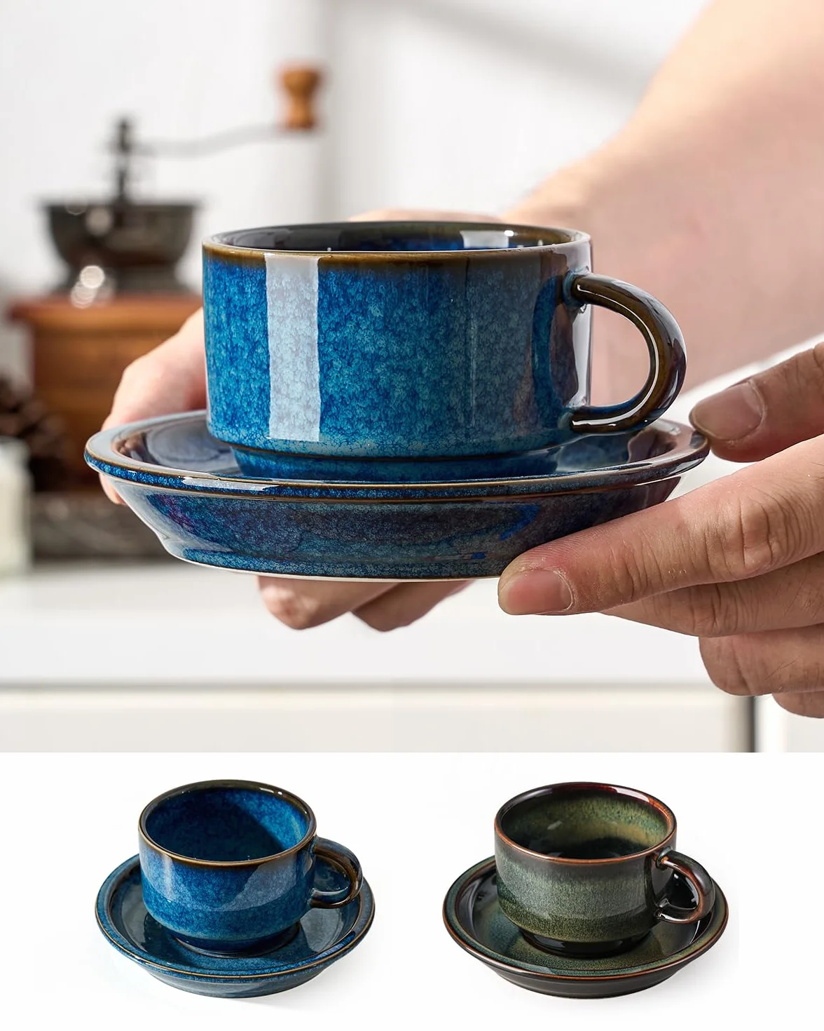 HOME DECOR Zestaw filiżanek do espresso - reaktywny proces szkliwienia - 6 x 140 ml filiżanek do kawy z spodkiem i podstawką - Eleganckie ceramiczne filiżanki do espresso i latte - reaktywne