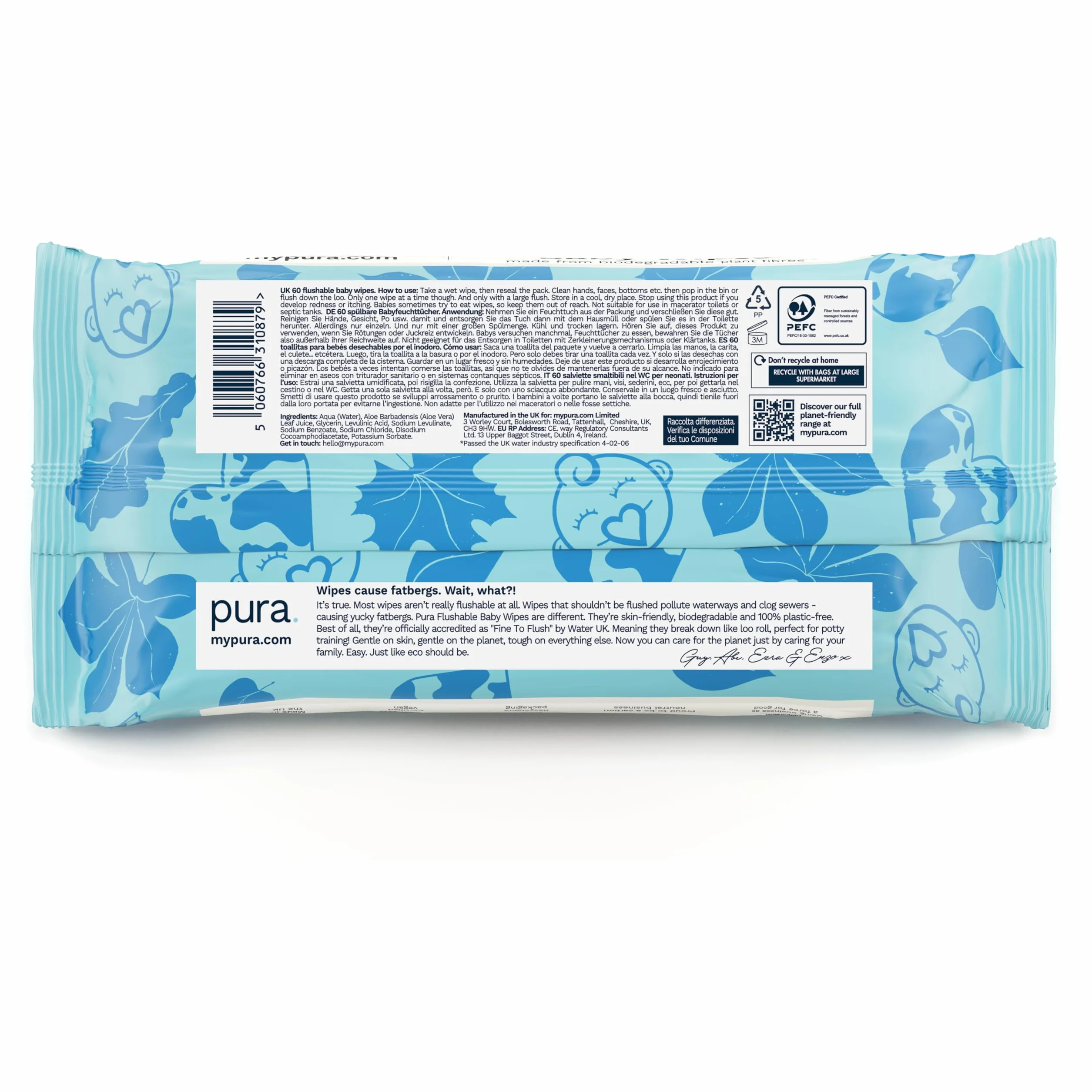 Pura Chusteczki do czyszczenia na mokro, 70 chusteczek (1 opakowanie), 99% wody, w 100% bez plastiku, odpowiednie dla wrażliwej i pozbawionej zapachu skóry, aloes, niemowląt, biodegradowalne,