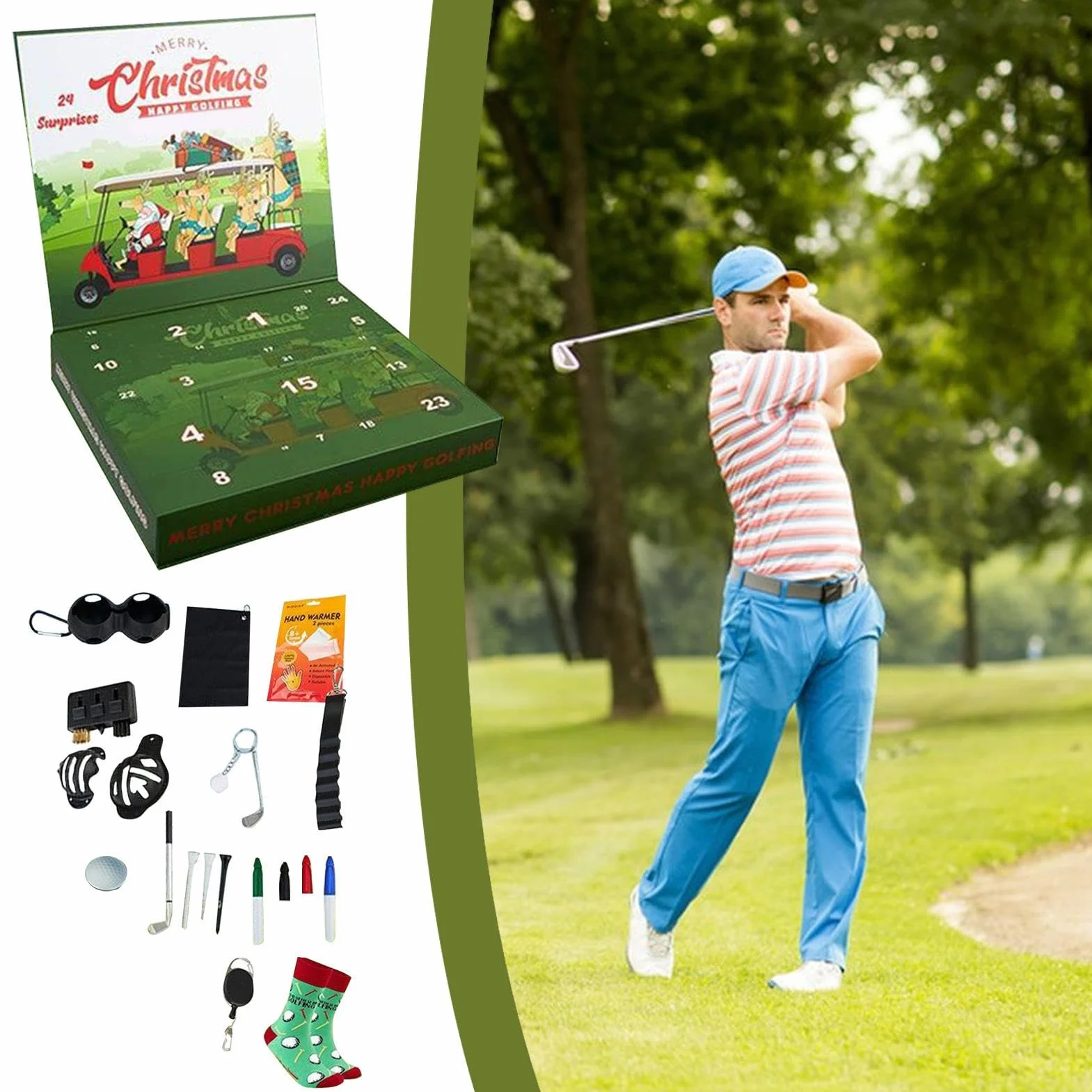 Golfowy Kalendarz Adwentowy 2025 Dekoracje Golfowe | Golfowy Kalendarz Świąteczny z Skarpetkami dla Półki Biurka Wejścia Biura Sklepów Salonu Świąt Urodzin Imprez