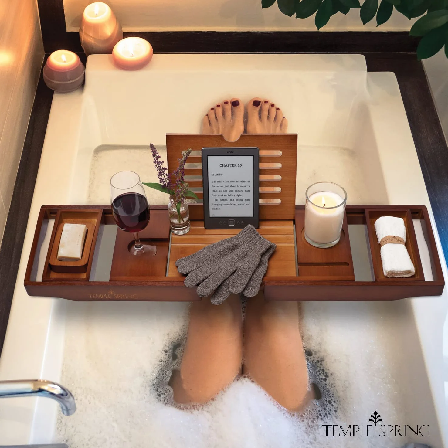 Temple Spring Półka na wannę z uchwytem na świece, kieliszek do wina, książkę, tablet, iPad i telefon. Wysuwany mostek naturalny, 100% bambus (Brązowy)