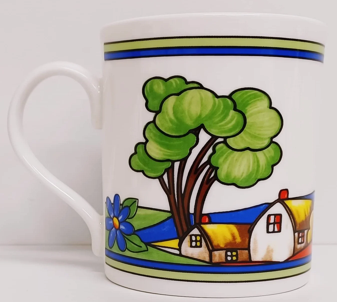 Village Art Deco kubki, zestaw 6 dużych kubków Balmoral, 425 ml, wysokiej jakości porcelana kostna, ekskluzywne, wiejskie kubki do sceny, ręcznie dekorowane w Wielkiej Brytanii