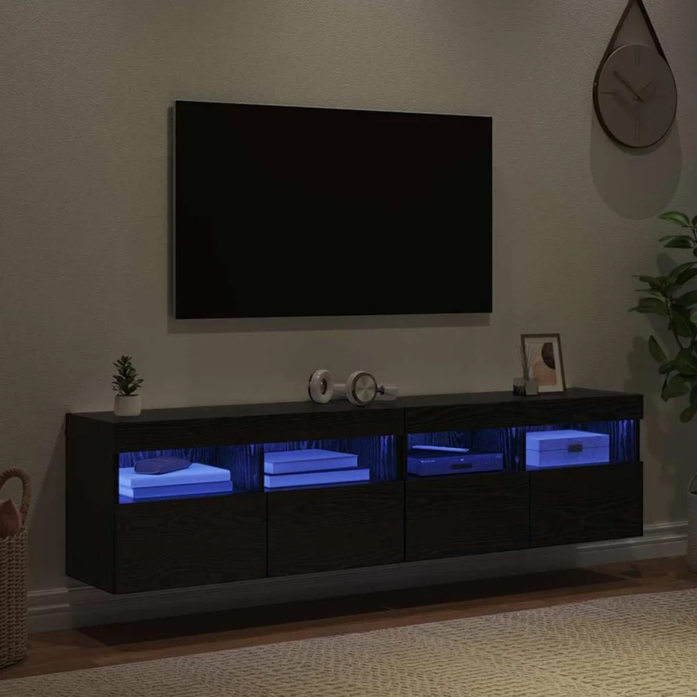 Regały ścienne do telewizora, zestaw 2 sztuk, wygląd czarnego dębu, 80 x 30 x 40 cm, materiał drewnopochodny, z oświetleniem LED, montowane na ścianie do salonu