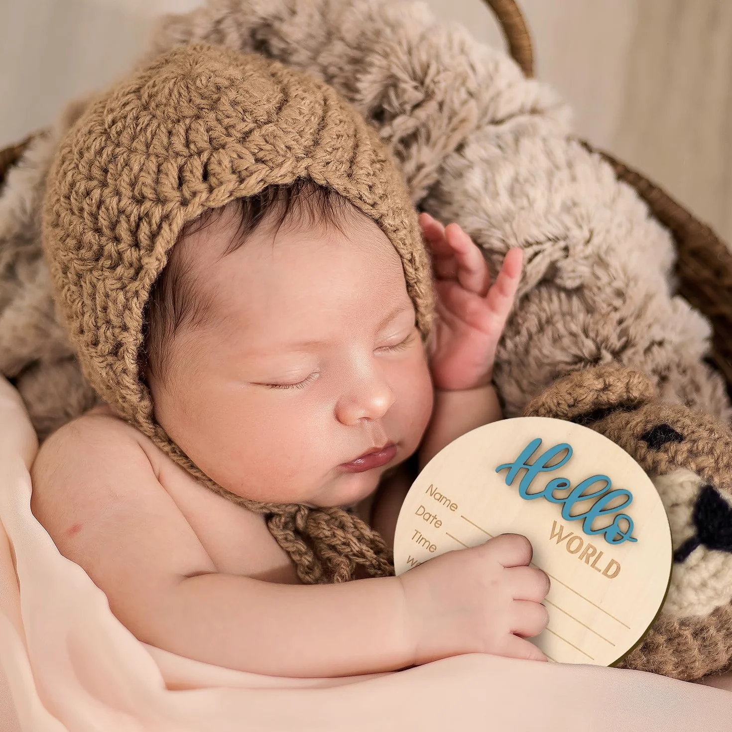 Znak Ogłoszenia Dziecka, 15cm Drewniany Hello World Znak Powitalny Noworodka Tabliczki z Imieniem Dziecka do Rekwizytów Fotograficznych Baby Shower Przedszkole Szpitalne (Niebieski)