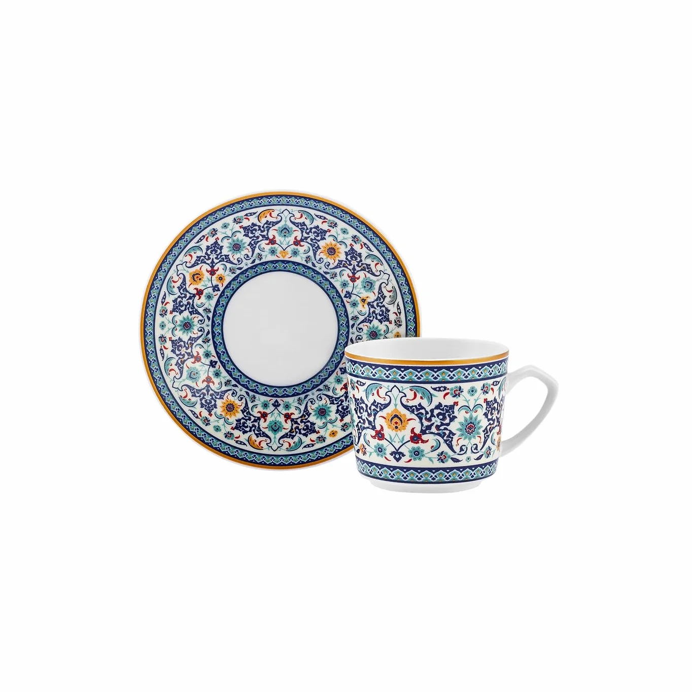 Karaca Beylerbeyi Porcelanowa turecka filiżanka do kawy, zestaw 6 sztuk, 12 sztuk, 80 ml, biały niebieski wielokolorowy