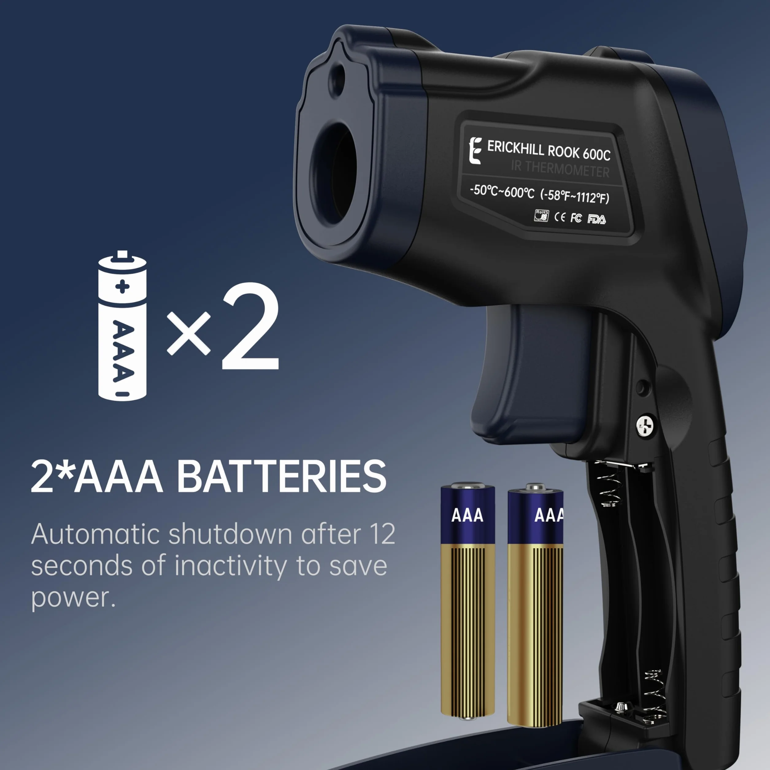 Termometr na podczerwień ERICKHILL -50℃~600℃ Podstawowy bezdotykowy cyfrowy laserowy pistolet do pomiaru temperatury Wyświetlacz LCD, regulowana emisyjność - do gotowania/grillowania, czarno-niebieski