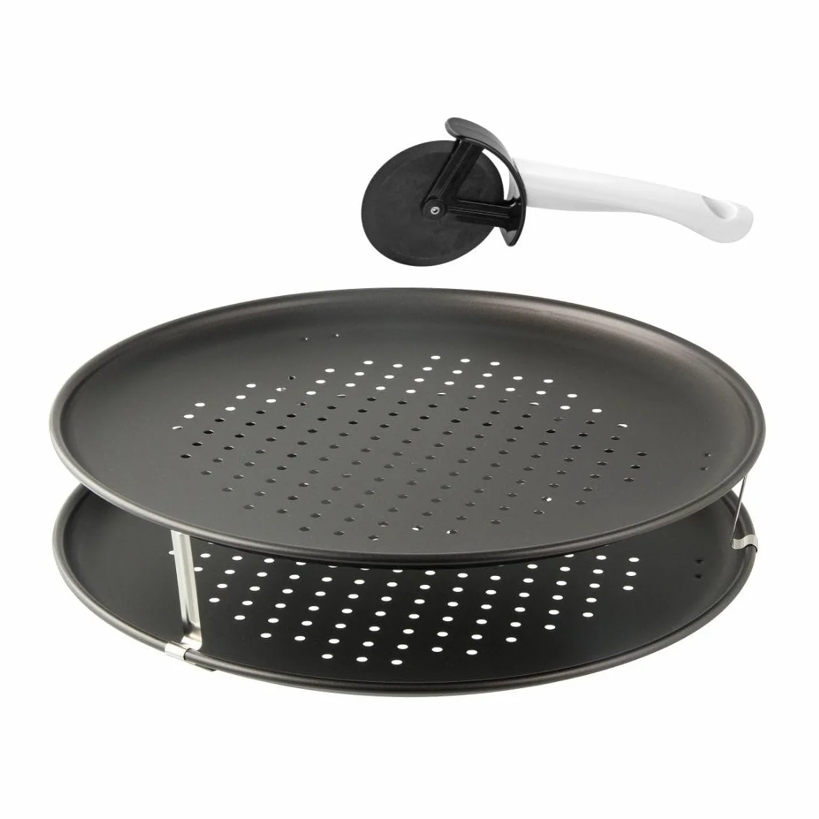 Zenker 7512 3-częściowy zestaw do pizzy, blacha do pizzy, okrągła blacha do pizzy, z otworami (Ø 32 cm), w zestawie nóż do pizzy i uchwyt, do pizzy, tarta, czarny
