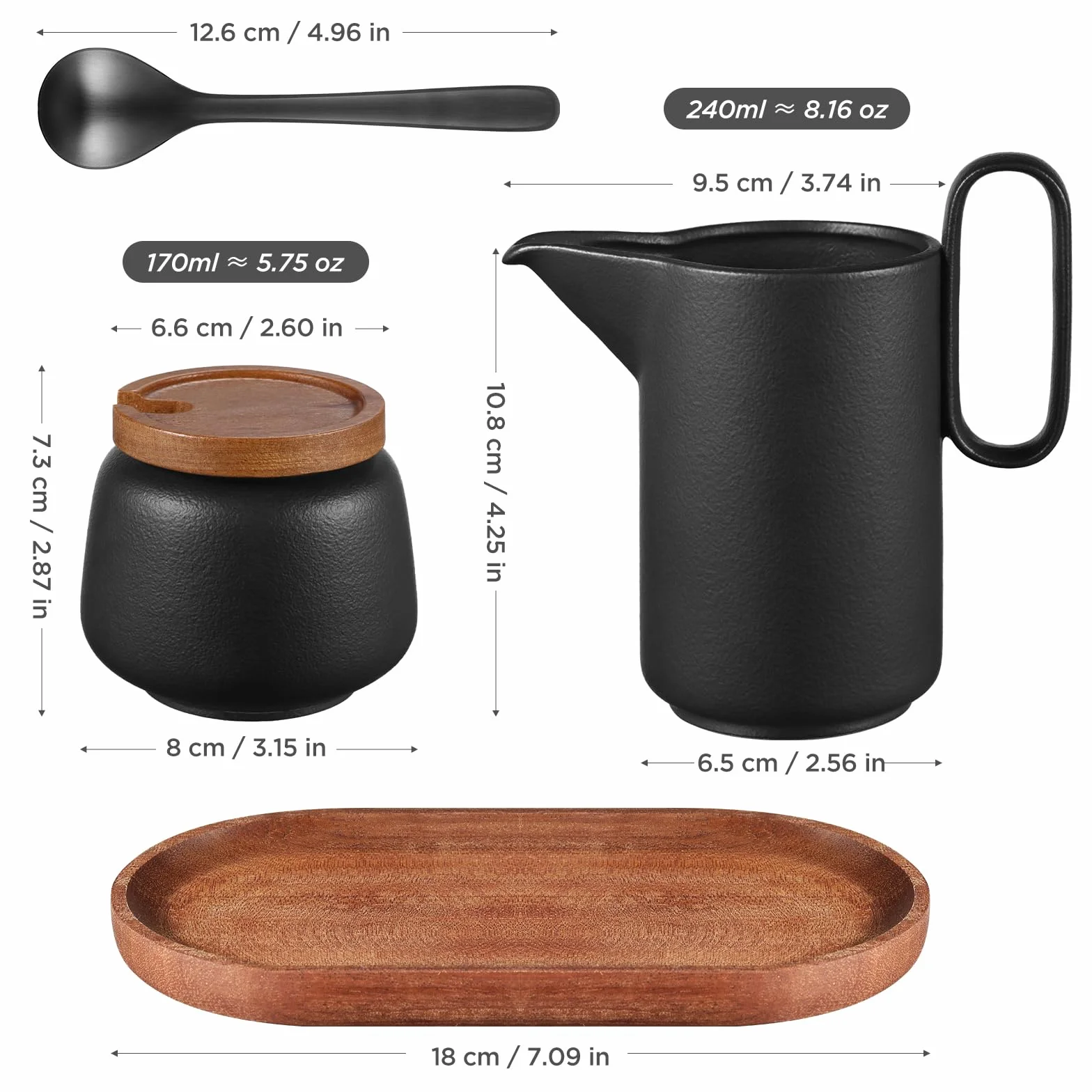 ecooe Zestaw do mleka i cukru – dzbanek na mleko czarny ceramiczny i cukiernica, z pokrywką i metalową łyżeczką, dzbanek na cukier barista z drewnianą tacą, ceramiczny dzbanek na śmietanę, pojemnik na