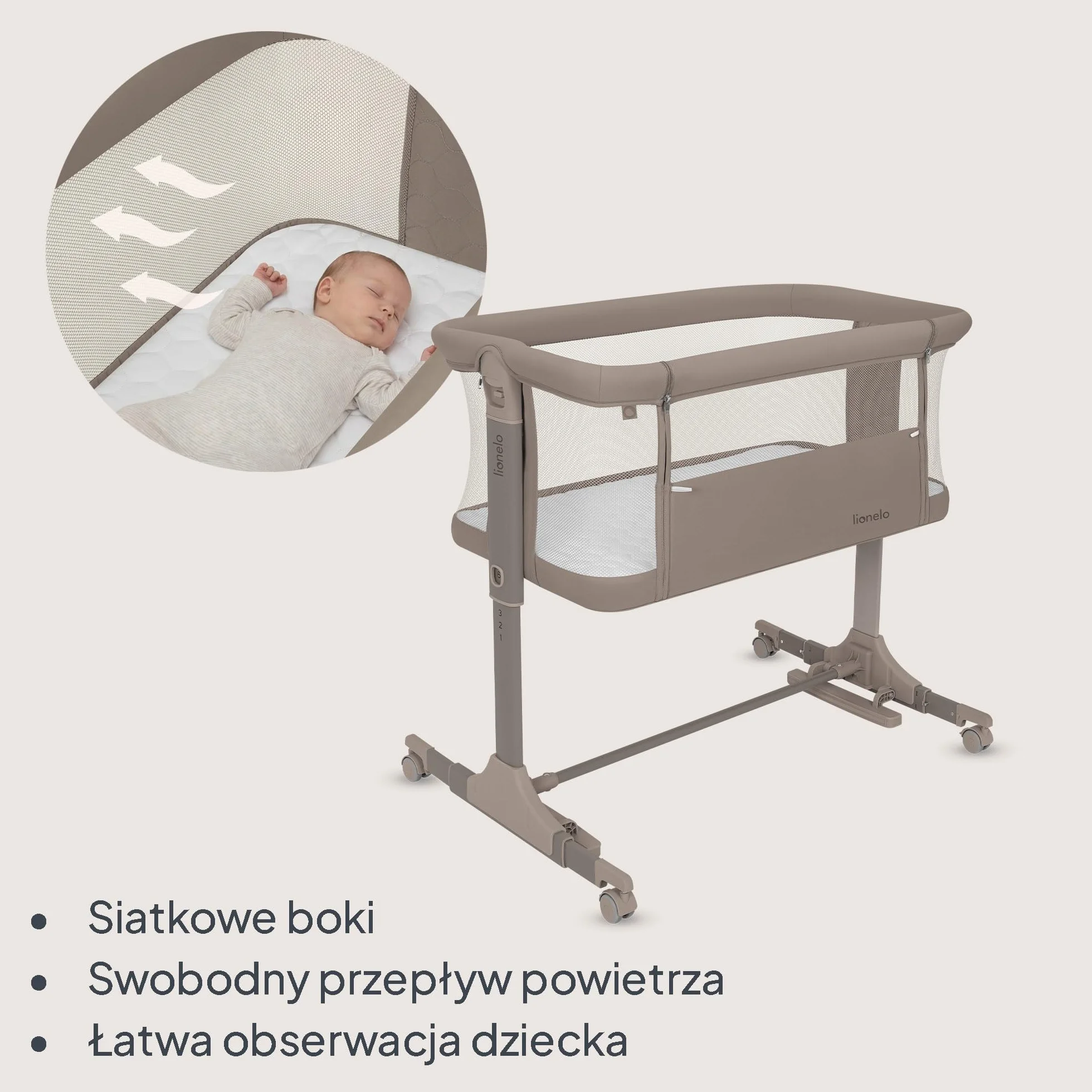 lionelo PARI łóżeczko nocne, łóżeczko dziecięce, 3 w 1, regulowane łóżeczko nocne, 6 poziomów, kołysanie, pochylany materac, siatka, zamykane kółka, torba podróżna