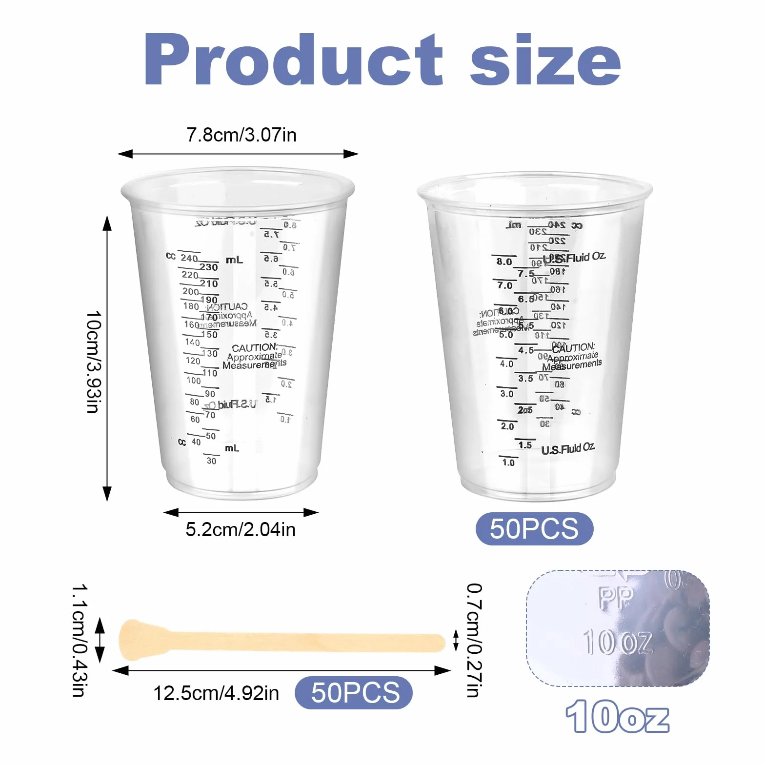 Mały Kubek z Miarką 240 ml, 50 Sztuk z Tworzywa Sztucznego z Żywicy Epoksydowej, Kubki do Mieszania ze Skalą, Zestaw Przezroczystych Kubków z Miarką z 50 Mieszadło Drewniane