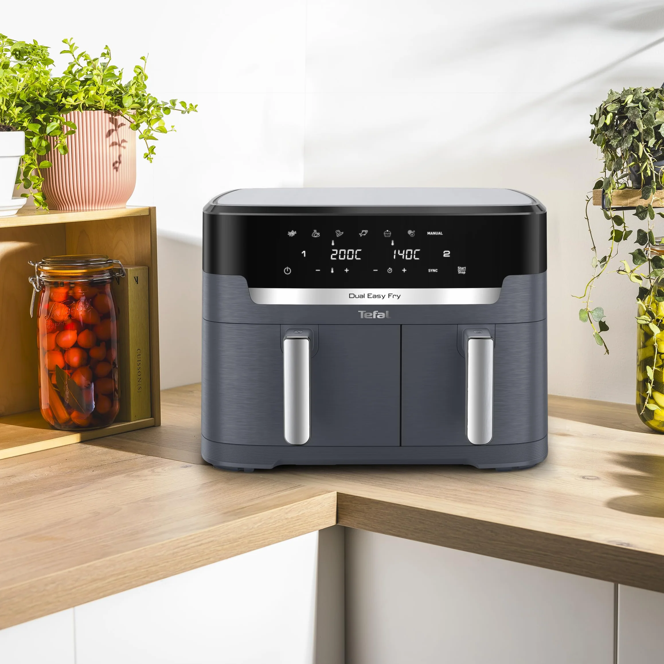 TEFAL EY942B Frytkownica beztłuszczowa Dual Easy Fry XXL dwie szuflady, pojemność 11 l, szuflada 6,5 l + szuflada 4,5 l, 99% mniej tłuszczu, 7 automatycznych ustawień gotowania, Extra Crisp, szara